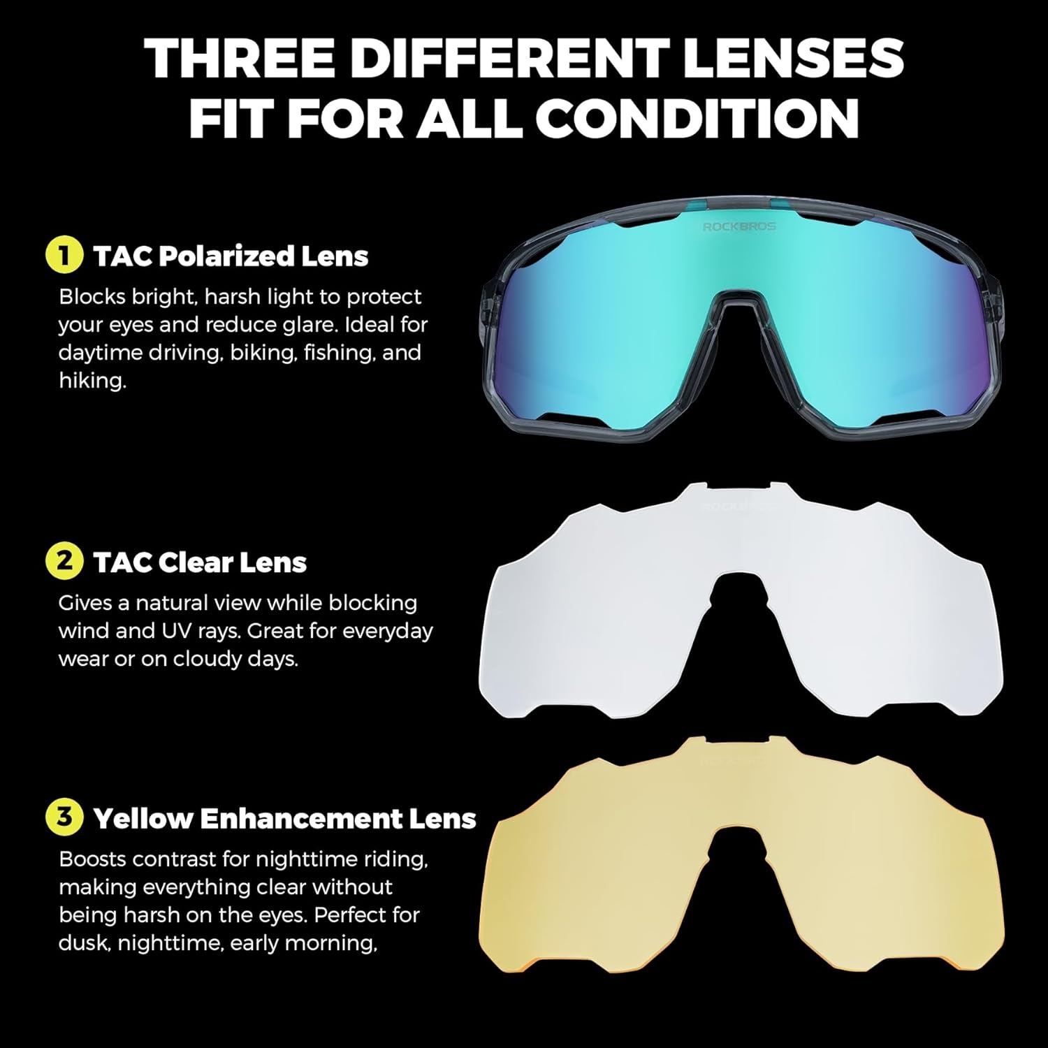image:imageROCKBROS Polarized Sunglasses for Men Women UV400 Protection Cycling Running MTB Biking Baseball Softball Glasses 3 LensesLight Blue