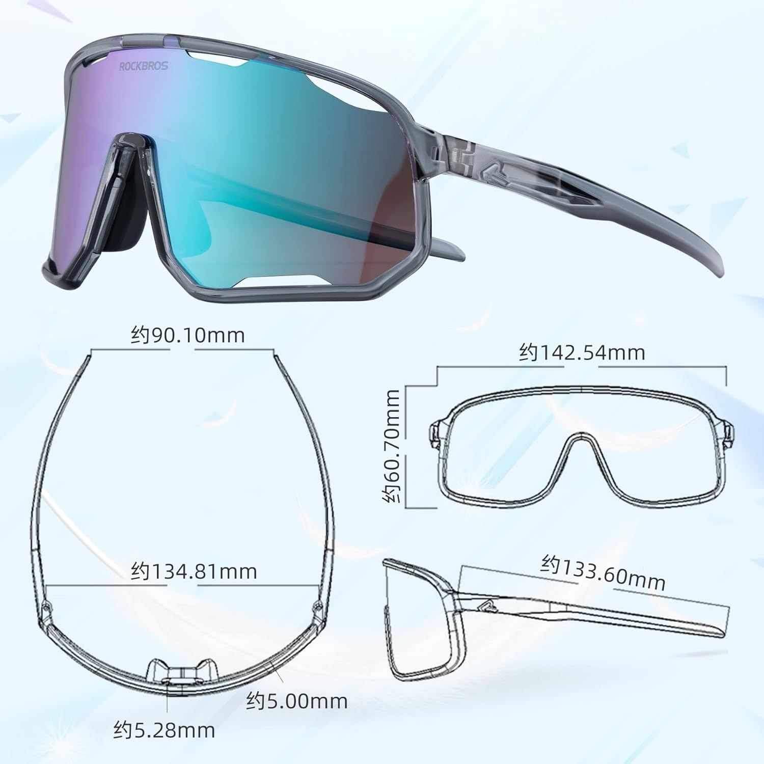 image:imageROCKBROS Polarized Sunglasses for Men Women UV400 Protection Cycling Running MTB Biking Baseball Softball Glasses 3 LensesLight Blue
