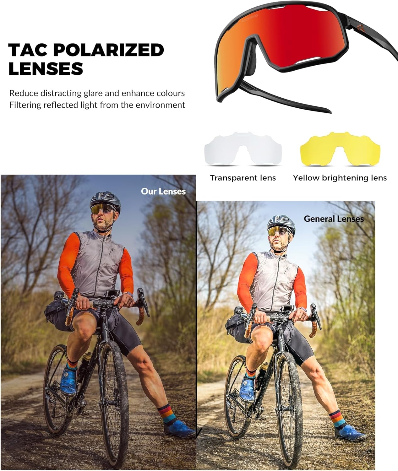 image:imageROCKBROS Polarized Sunglasses for Men Women UV400 Protection Cycling Running MTB Biking Baseball Softball Glasses 3 LensesOrange