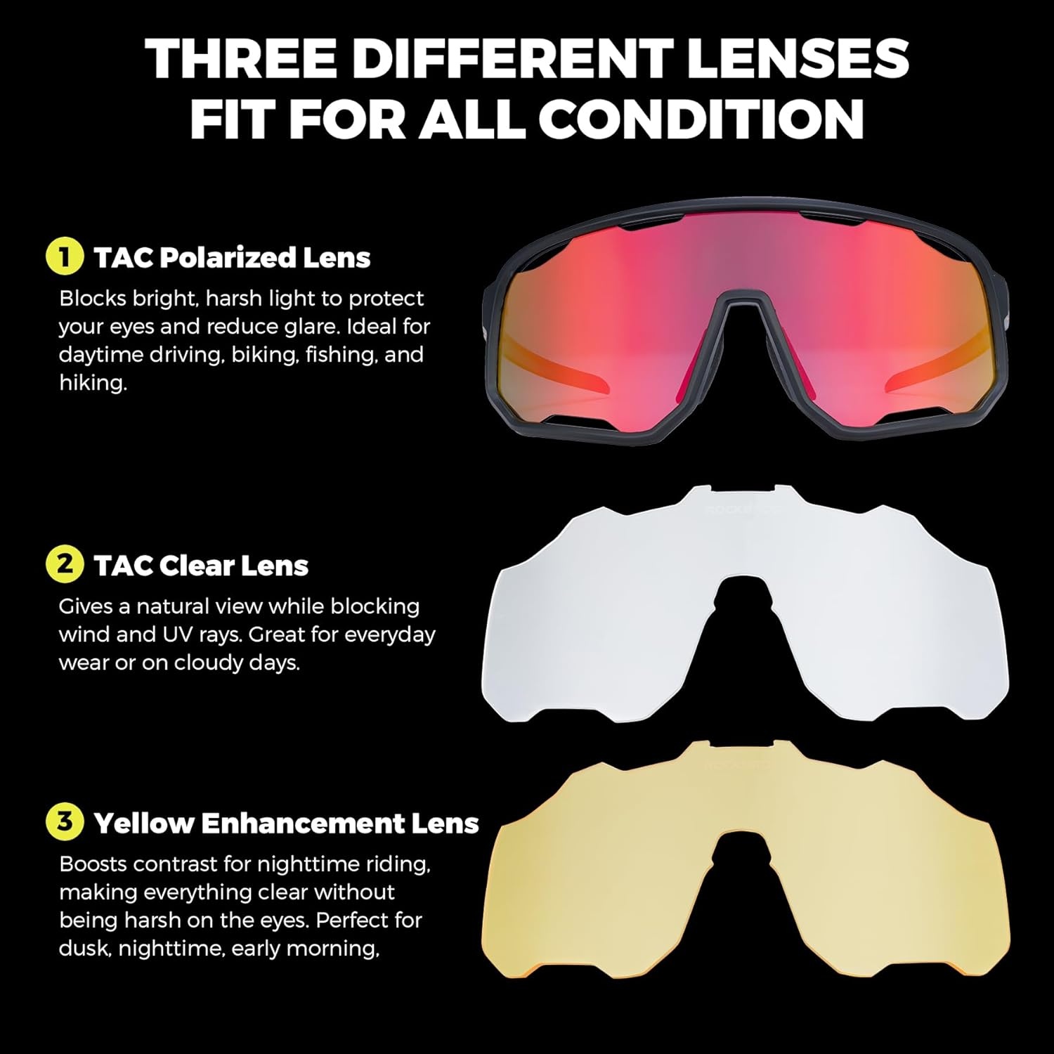 image:imageROCKBROS Polarized Sunglasses for Men Women UV400 Protection Cycling Running MTB Biking Baseball Softball Glasses 3 LensesOrange