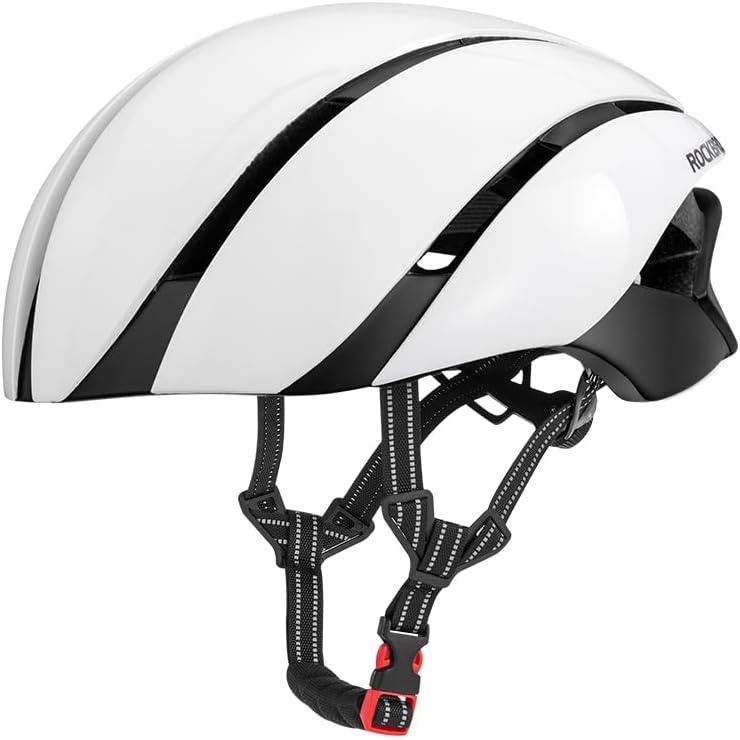 image:imageROCKBROS Adult Bike Helmet Streamlined Aerodynamic Comfortable Y  Shaped Strap Cycling Helmet for Larger Head Men Women Reflective Adjustable Webbing for Road amp Mountain BikingWhite  High Gloss