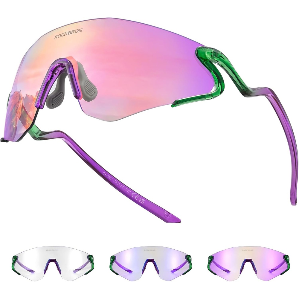 image:imageROCKBROS Photochromic Safety Glasses Transition Cycling Glasses for Men Women Sports Sunglasses for Running PickleballPurple Photochromic Lens Transparent Green Purple Frame