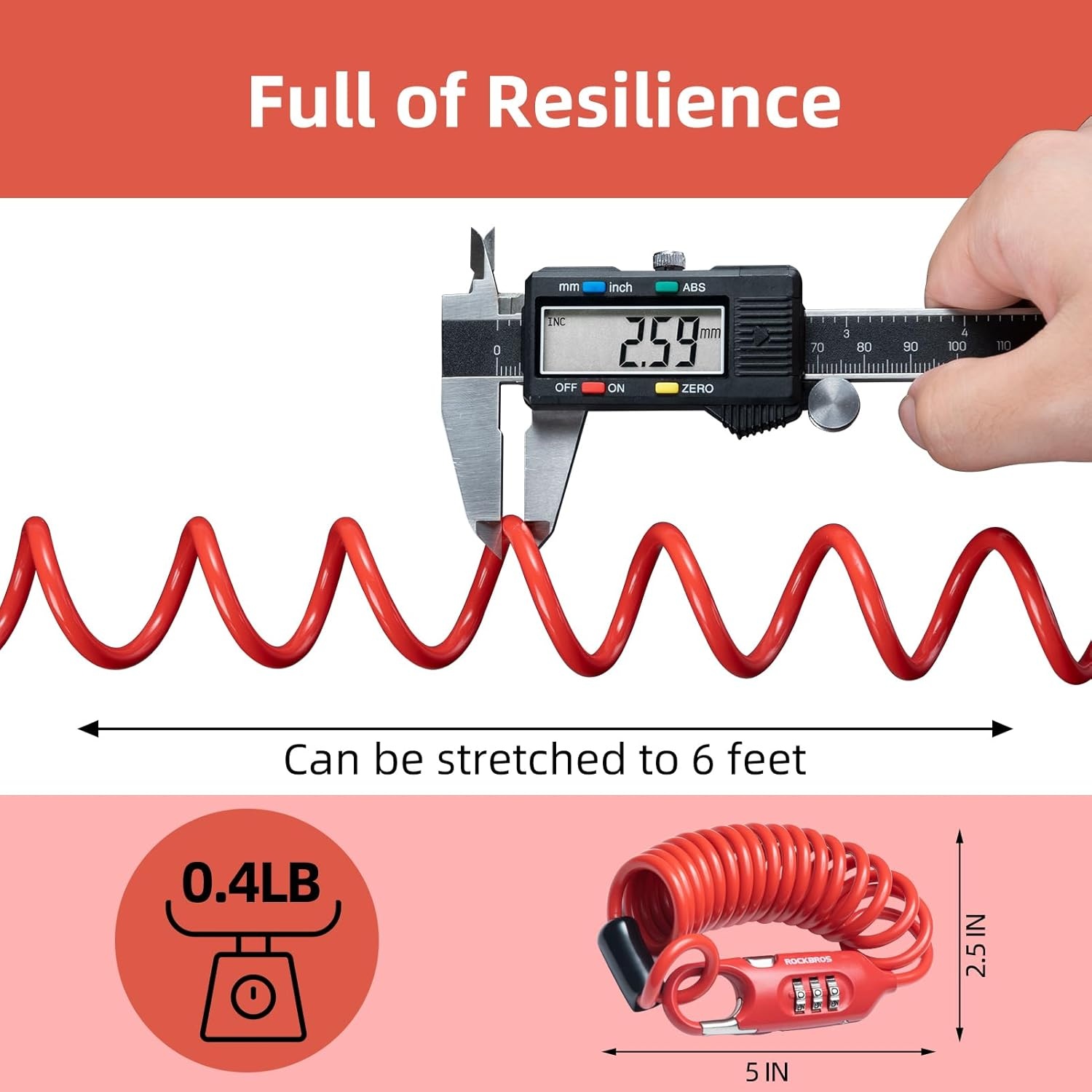 image:imageROCKBROS 6FT Long Bike Lock Cable Combination Motorcycle Helmet Lock Portable AntiTheft for ScooterBicycleEbikeRed