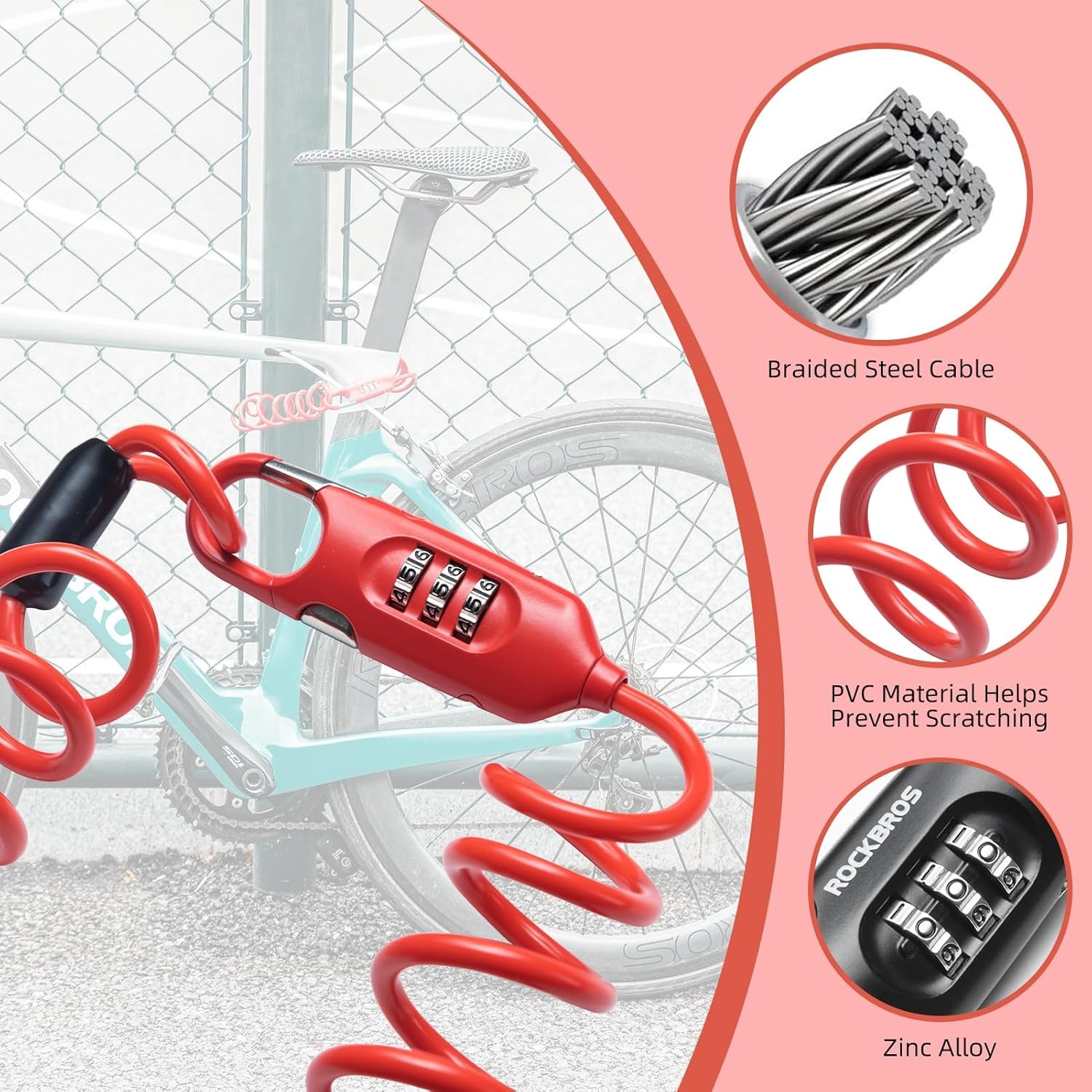 image:imageROCKBROS 6FT Long Bike Lock Cable Combination Motorcycle Helmet Lock Portable AntiTheft for ScooterBicycleEbikeRed
