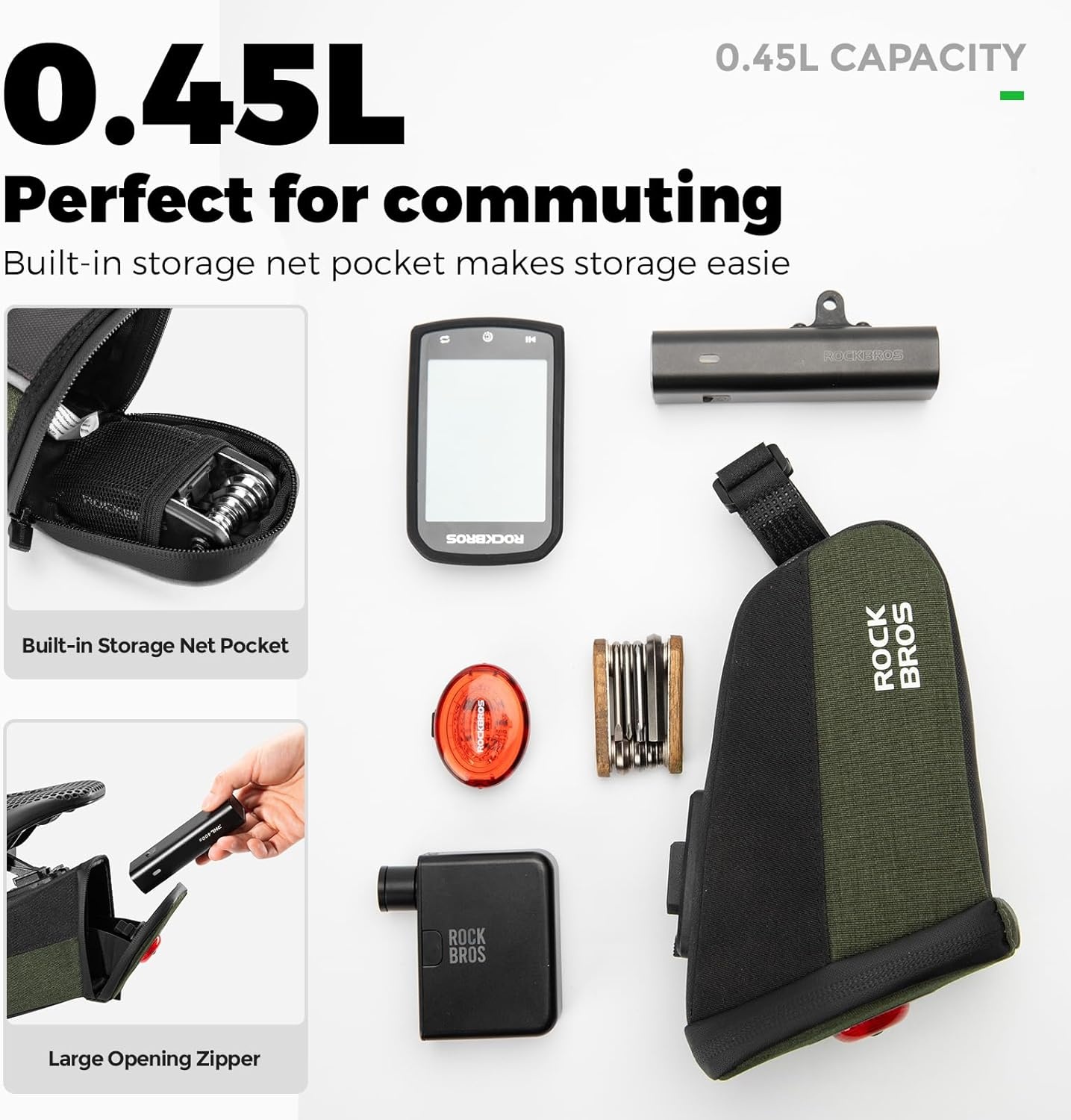 image:imageROCKBROS Bike Saddle Bag with Tail Light Bicycle Seat Pack Lightweight Storage Bag under Bike Seat Cycling AccessoriesBracket