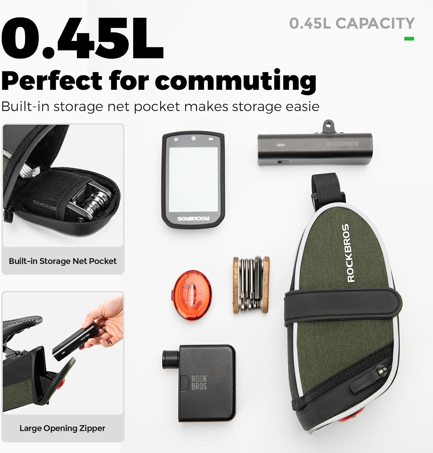 image:imageROCKBROS Bike Saddle Bag with Tail Light Bicycle Seat Pack Lightweight Storage Bag under Bike Seat Cycling AccessoriesStrap