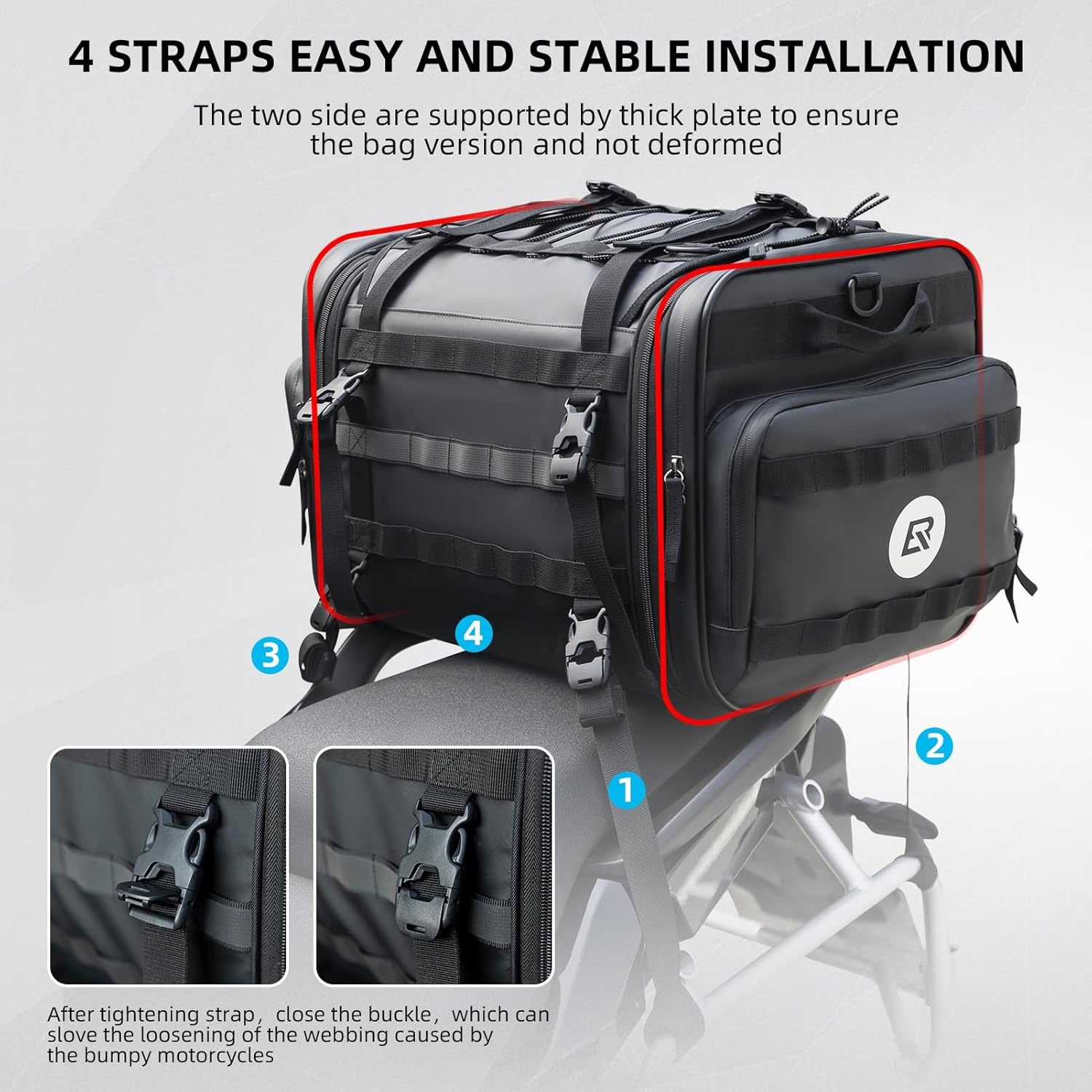image:imageROCKBROS Motorcycle Tail Bag 50L Expandable Travel Luggage Bag Motorcycle Rear Seat Saddle Bag Motorbike Accessories Storage Bag with Waterproof Rain Cover Black