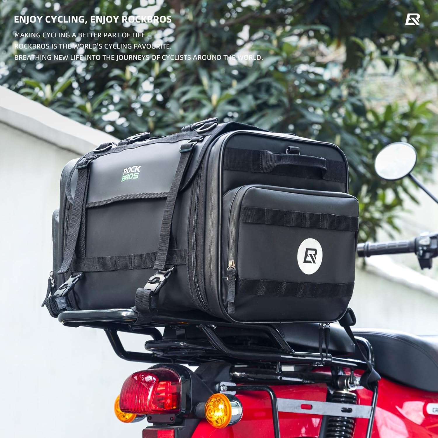 image:imageROCKBROS Motorcycle Tail Bag 50L Expandable Travel Luggage Bag Motorcycle Rear Seat Saddle Bag Motorbike Accessories Storage Bag with Waterproof Rain Cover Black