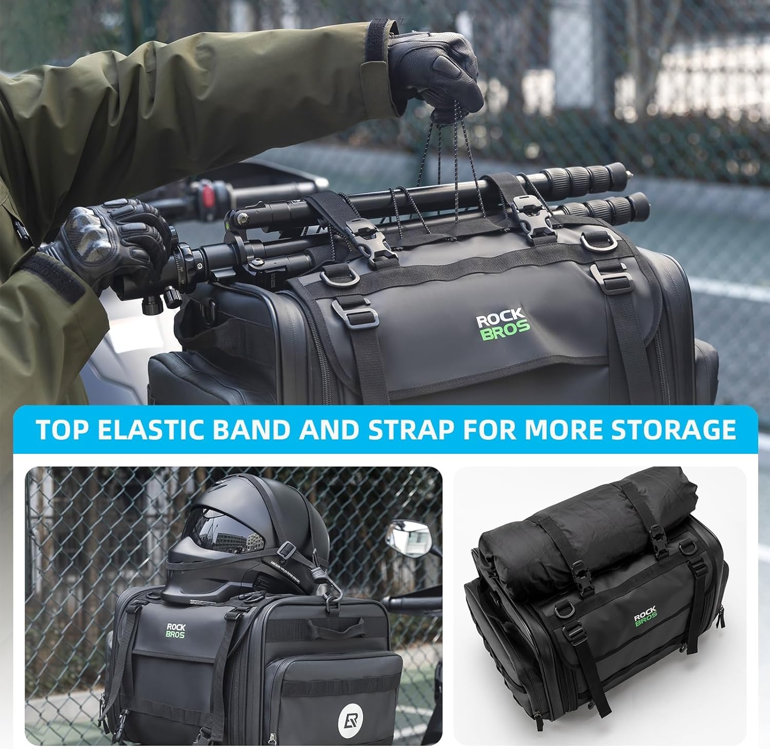 image:imageROCKBROS Motorcycle Tail Bag 50L Expandable Travel Luggage Bag Motorcycle Rear Seat Saddle Bag Motorbike Accessories Storage Bag with Waterproof Rain Cover Black