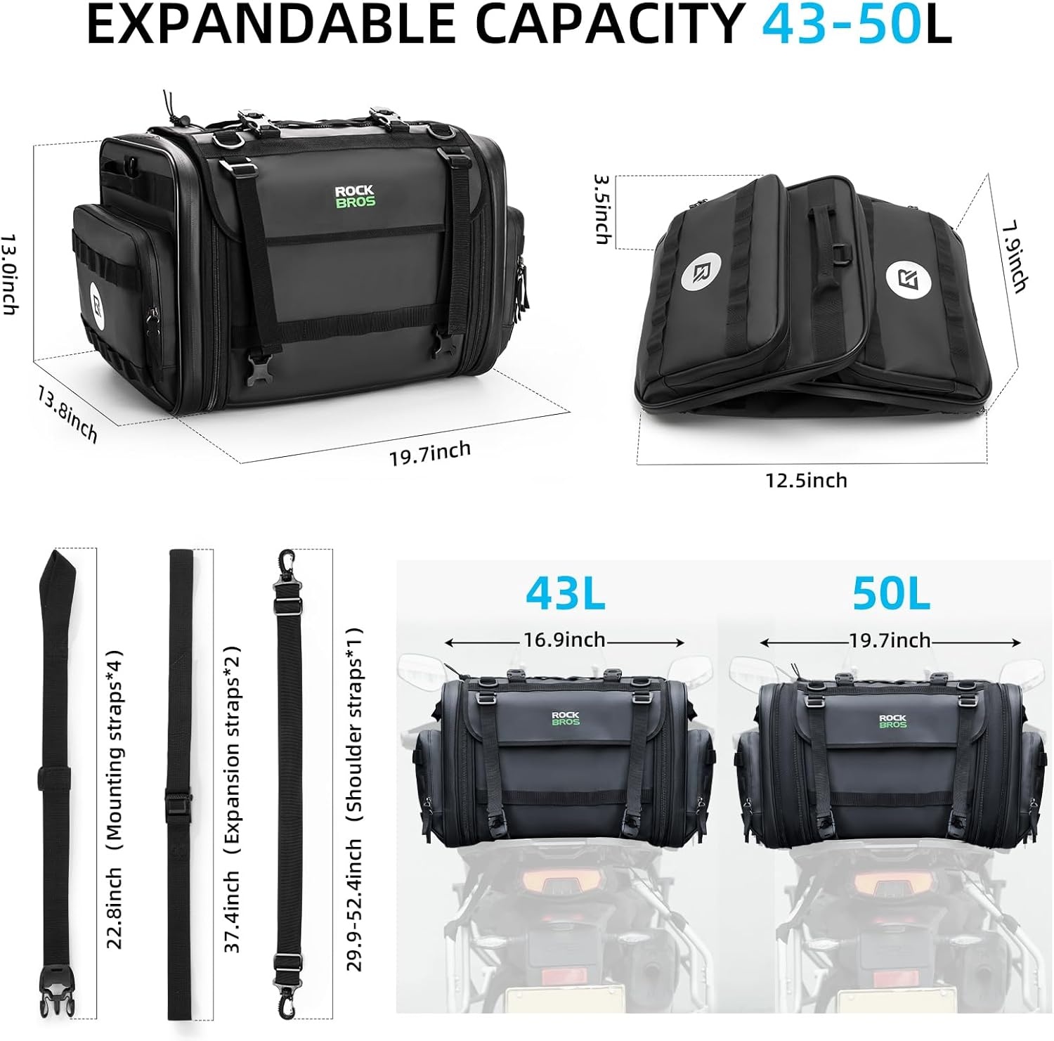 image:imageROCKBROS Motorcycle Tail Bag 50L Expandable Travel Luggage Bag Motorcycle Rear Seat Saddle Bag Motorbike Accessories Storage Bag with Waterproof Rain Cover Black