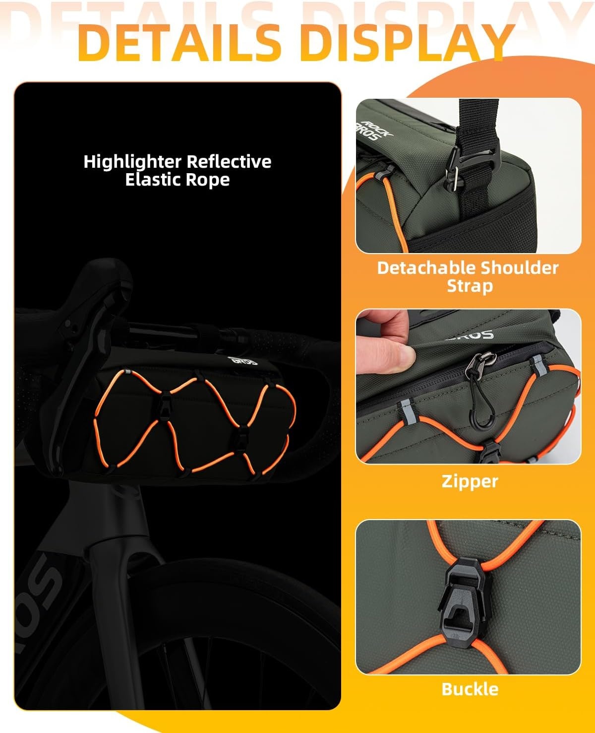 image:imageROCKBROS Bike Handlebar Bag 22L Bicycle Handle Bar Bag Portable Bike Front Bag Handlebar Storage Bag with Shoulder StrapDark Green