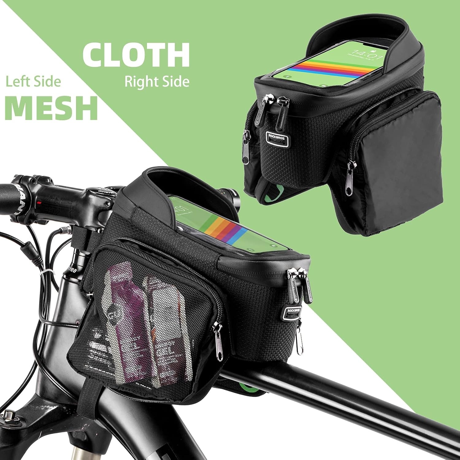 image:imageROCKBROS Bicycle Phone Holder with Side Bags Up to 2L Bike Frame Bag Bike Phone Mount Bag Bike Top Tube Bag for Cycling Mountain Road Bike Pouch Accessories Storage Bag