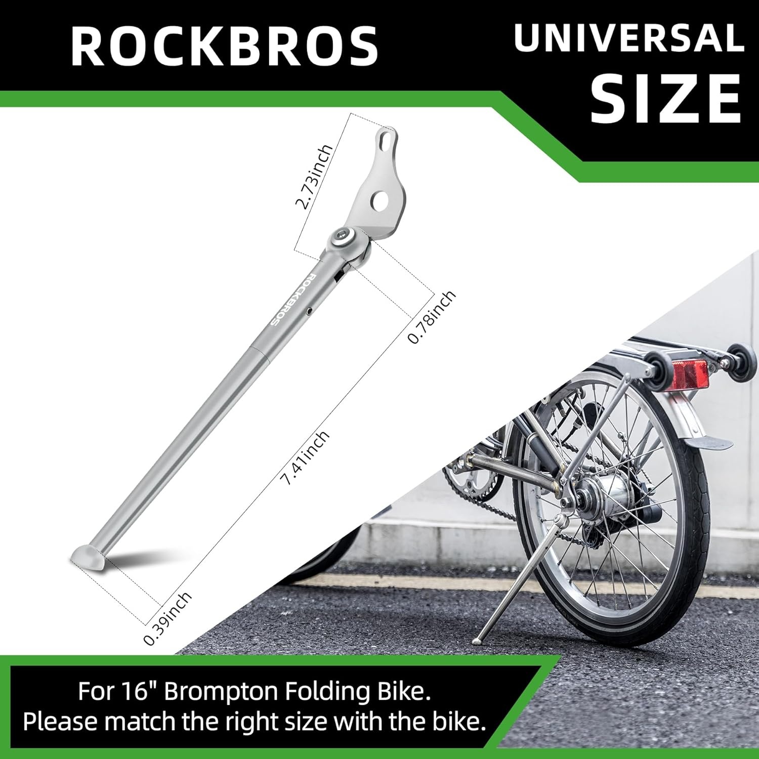 image:imageROCKBROS Bike Kickstand Bicycle Kickstands for 16 Inch Wheel Brompton Folding Bike Adjustable Center Mount Bike Stand for Mountain BikeRoad BicycleAdult BikeSports Bike Blacksilver