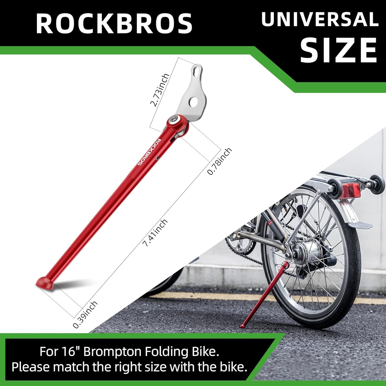 image:imageROCKBROS Bike Kickstand Bicycle Kickstands for 16 Inch Wheel Brompton Folding Bike Adjustable Center Mount Bike Stand for Mountain BikeRoad BicycleAdult BikeSports Bike Blackred
