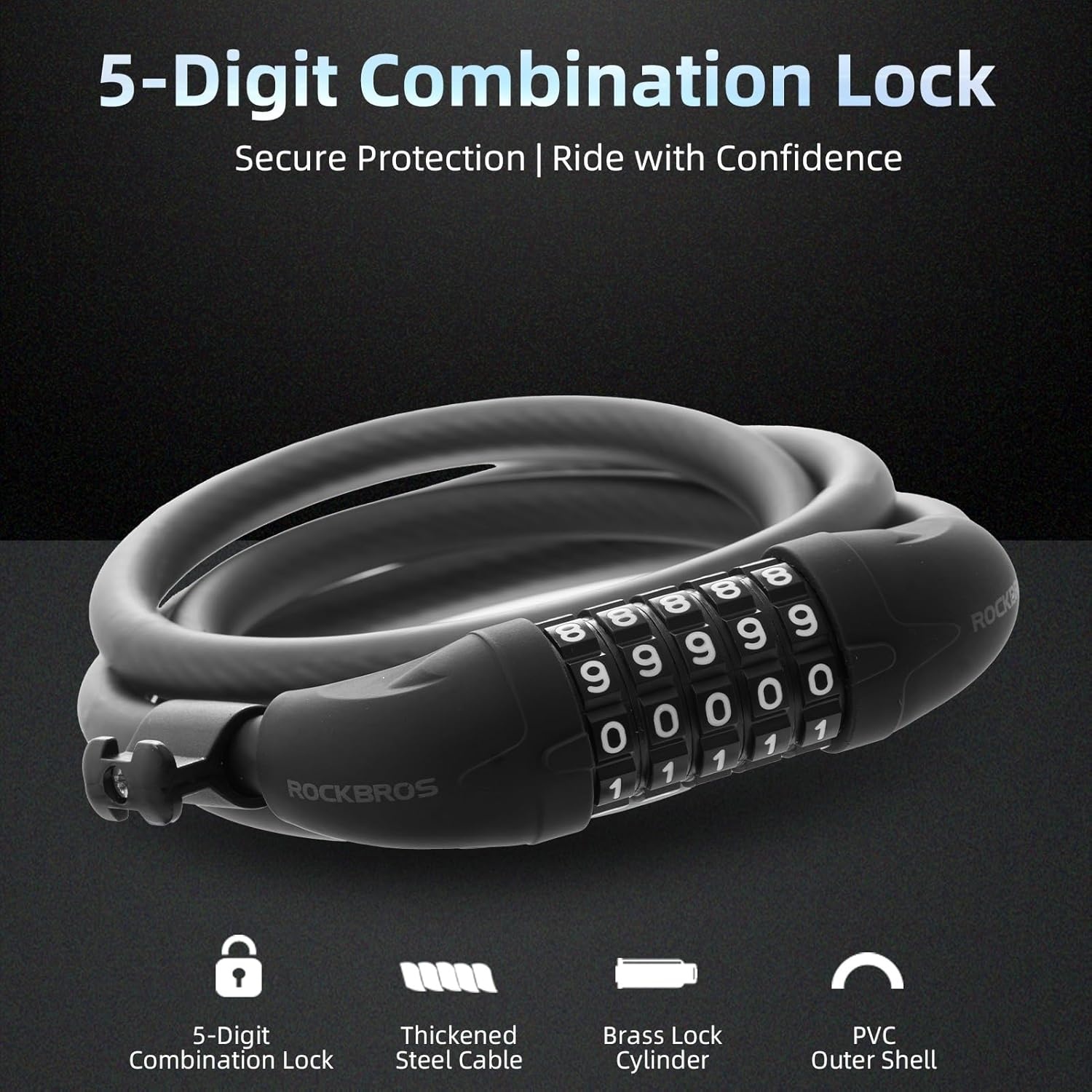 image:imageROCKBROS 5Digit 4 Feet Long Bike Lock Cable Combination with Mounting Bracket Resettable Password Weatherproof AntiTheft Cable Lock for Bicycle Motorcycle Electric Scooter Gate Fence