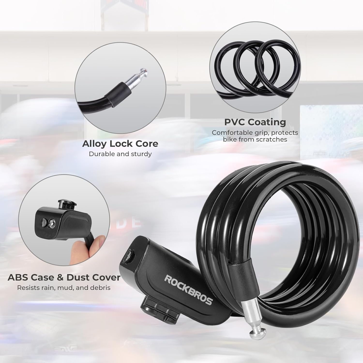 image:imageROCKBROS Bike Cable Lock with Keys 36ft AntiTheft Bicycle Lock with Mount 045inch Thickened Steel Cable OneTouch Quick Lock for Bike Ebike Scooter Motorcycle