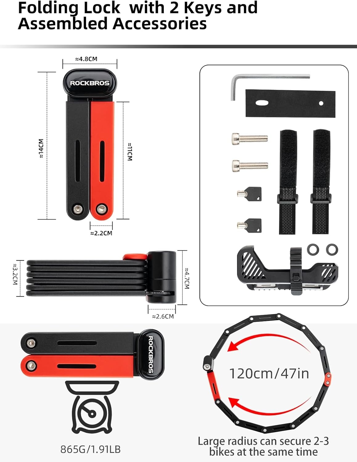 image:imageROCKBROS Folding Bike Lock 120cm4724inch with 2 Keys Bike Locks E Bicycle Non Theft Heavy Duty Electric Scooter Lock for Ebike Motorcycle E Bicycle