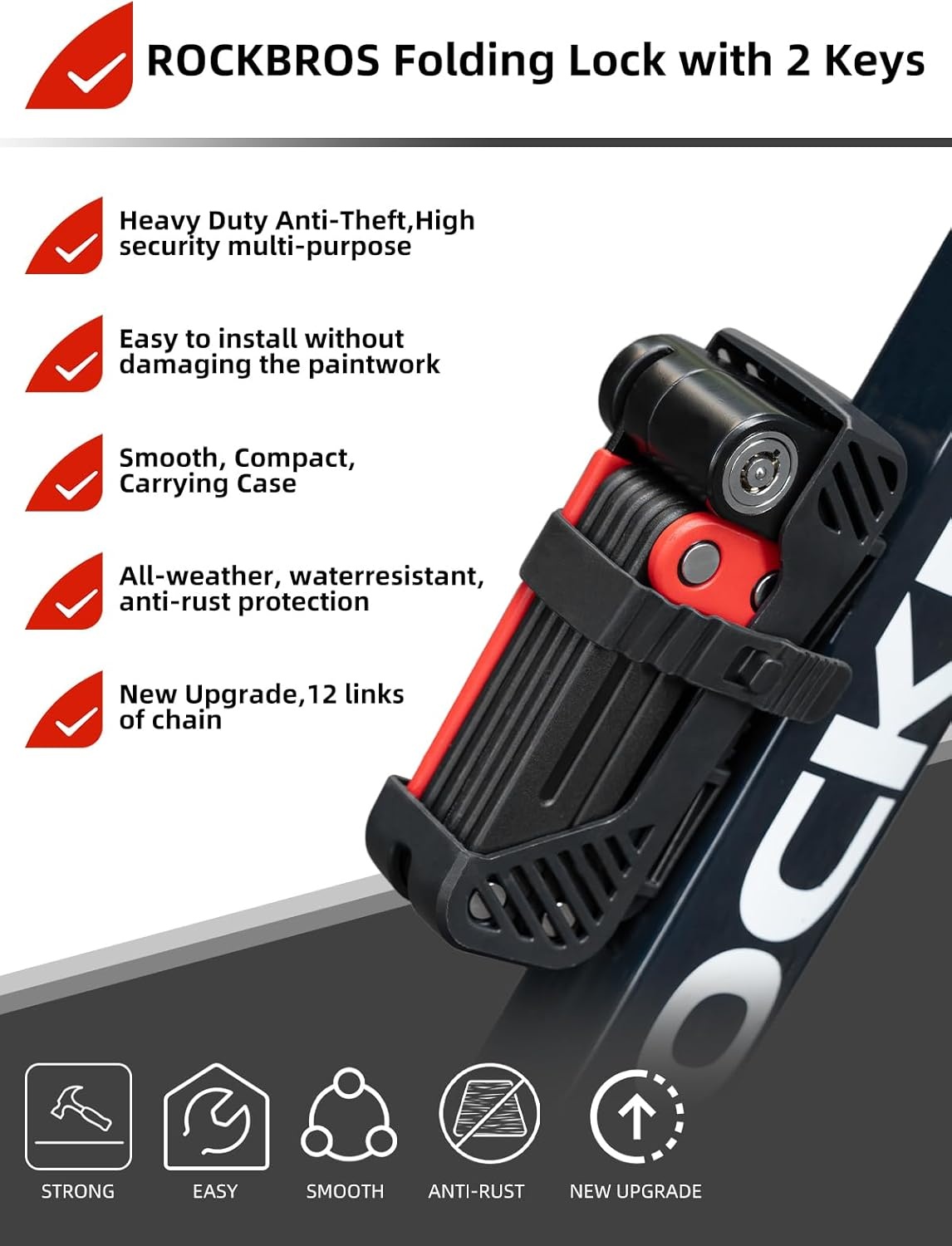 image:imageROCKBROS Folding Bike Lock 120cm4724inch with 2 Keys Bike Locks E Bicycle Non Theft Heavy Duty Electric Scooter Lock for Ebike Motorcycle E Bicycle