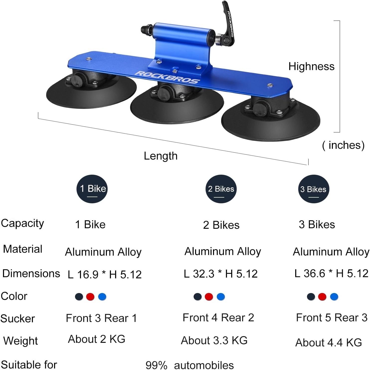 image:imageROCKBROS Suction Cup Roof Bike Rack for Car Roof Sucker Bicycle Carrier Quick Release Aluminium Alloy Roof Rack for 1 2 3 Bikes Max 2Bikes Blue1Bike Blue