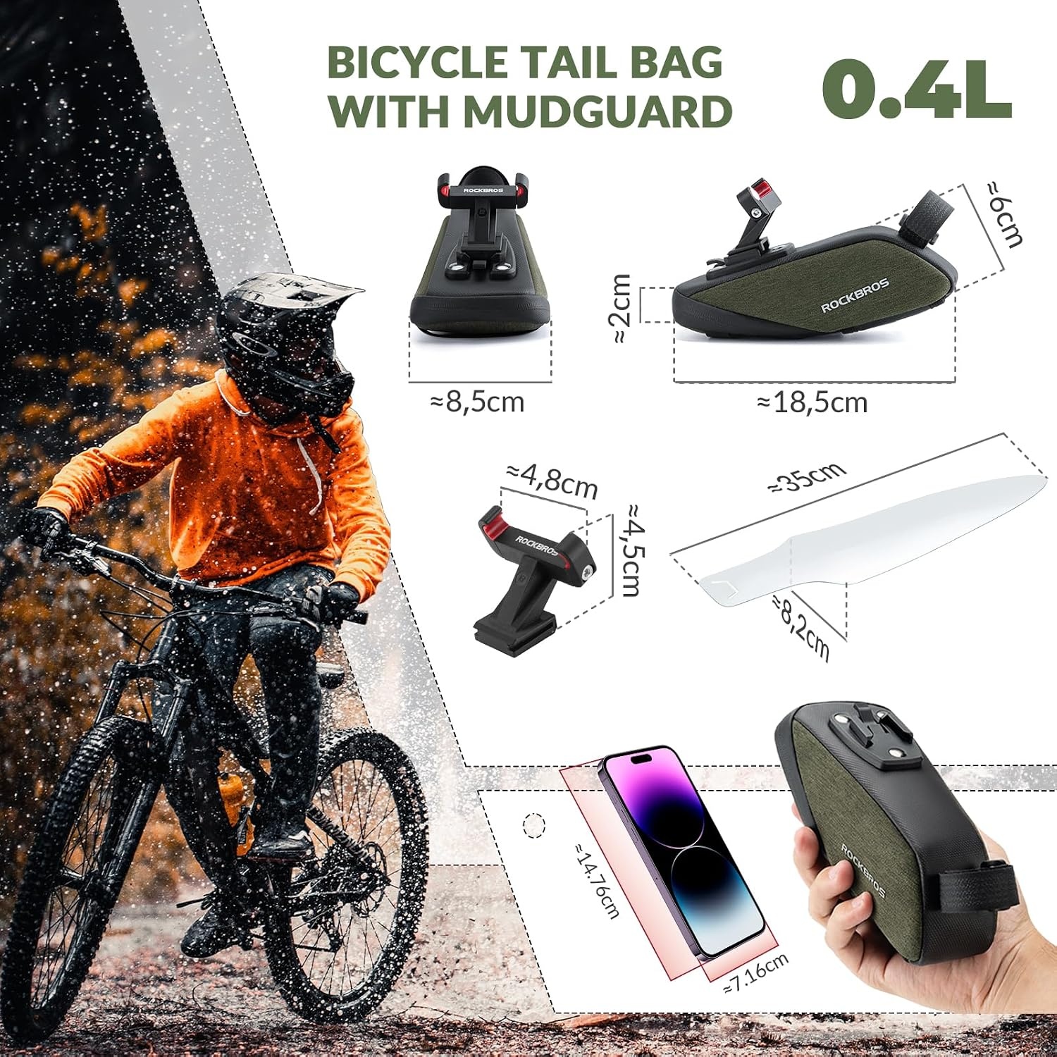 image:imageROCKBROS 2in1 Bike Saddle Bag with Detachable Mud Flap Waterproof Quick Release Bike Seat Bag Lightweight Under Seat Bike Pack for Urban Commute Casual Riding