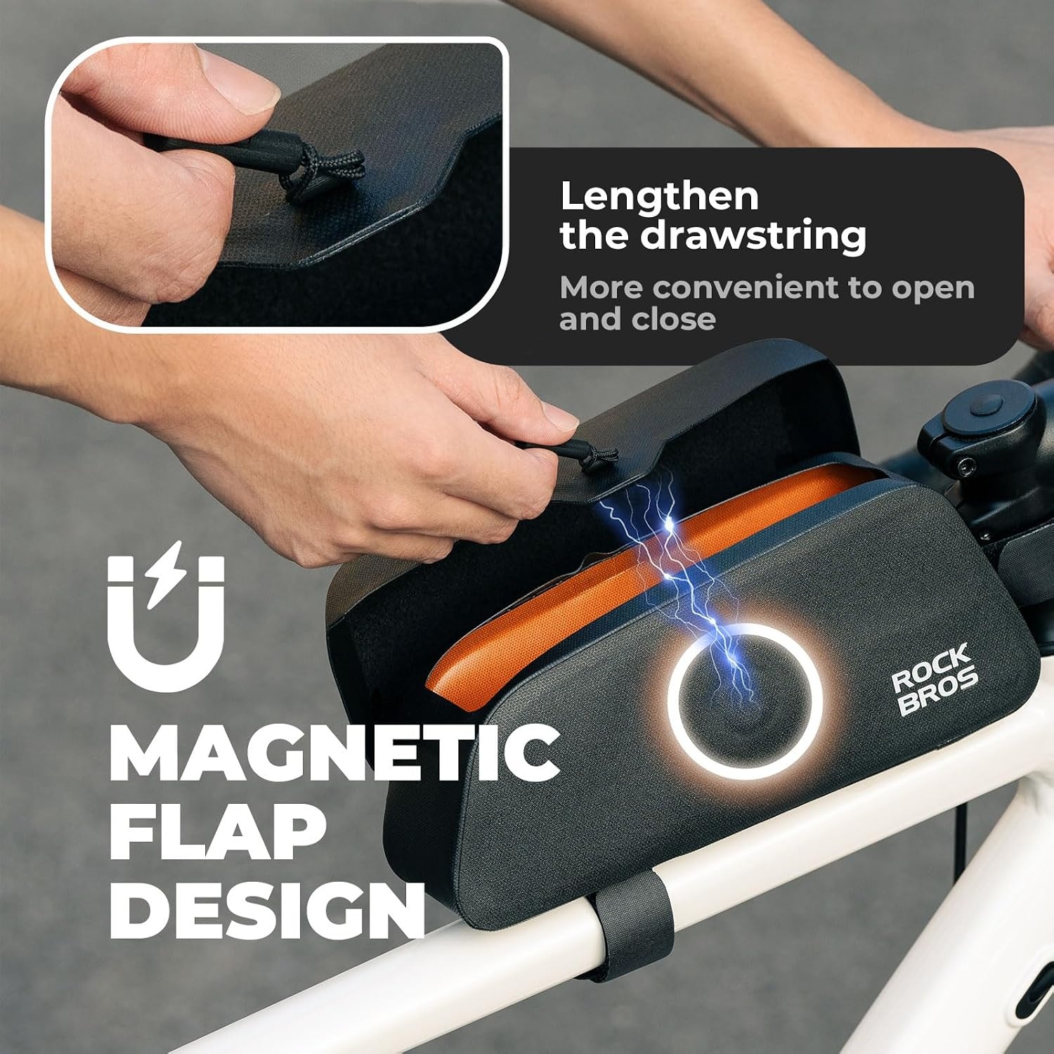 image:imageROCKBROS Bike Frame Bag with Magnetic Flap Top Tube Bike Bag Waterproof Bike Packing Cycling Tools Storage Bag for Road MTB Bike LBlackL