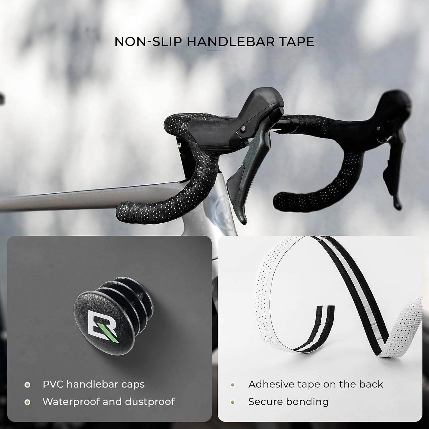 image:imageROCKBROS Bike Handlebar Tape for Road Bike Grip Tape Bicycle Handlebar Grip Tape Wraps Set of 2GreenWhite on Black