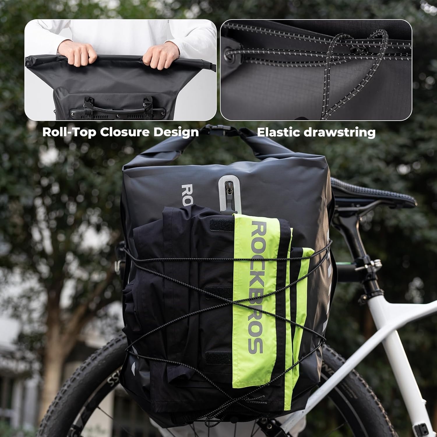 image:imageROCKBROS Bike Panniers Waterproof 23L Bike Rack Bag Adjustable Quick Release Buckles Panniers Bike Bags with Vacuum Compression for Cycling Traveling CommutingBlack