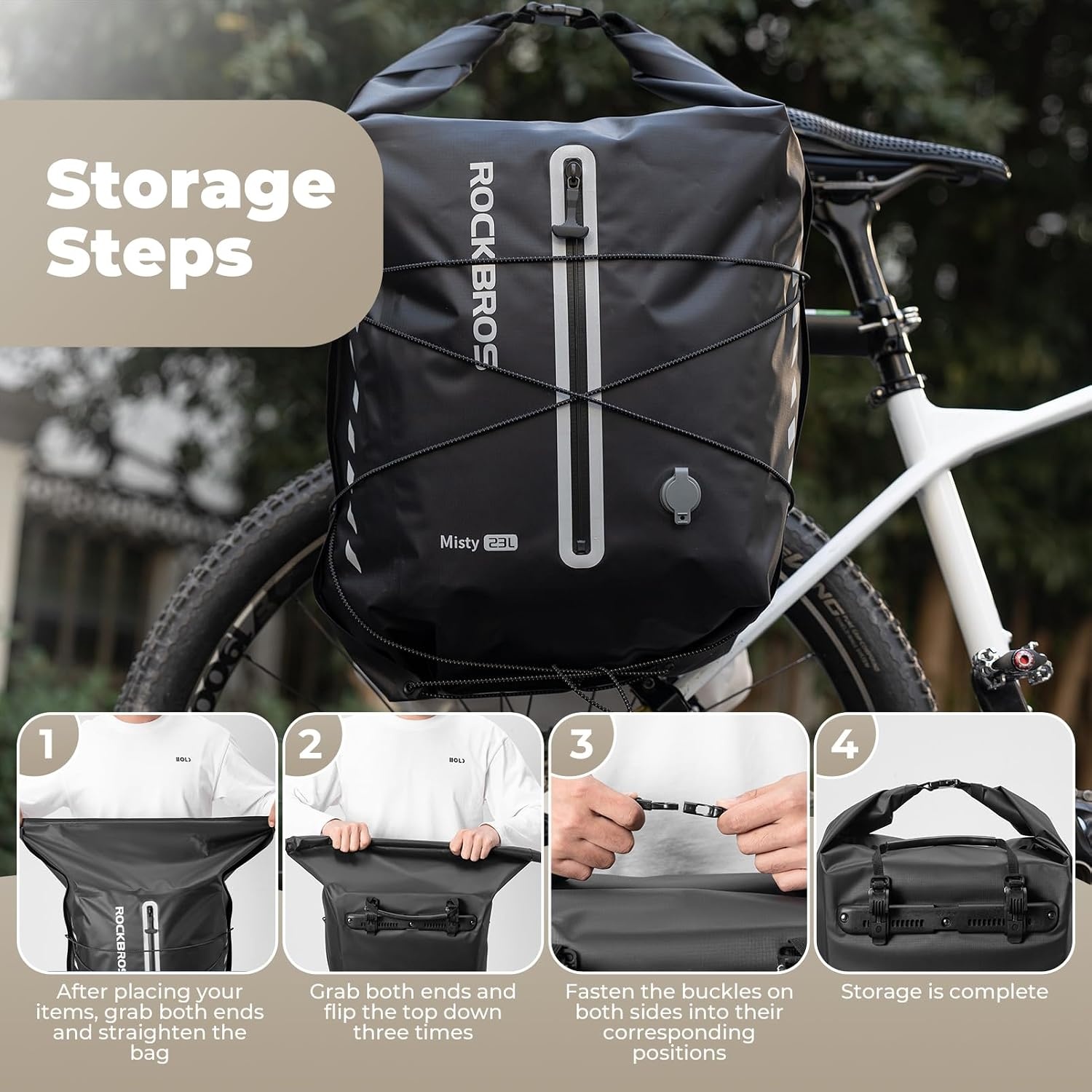 image:imageROCKBROS Bike Panniers Waterproof 23L Bike Rack Bag Adjustable Quick Release Buckles Panniers Bike Bags with Vacuum Compression for Cycling Traveling CommutingWhite