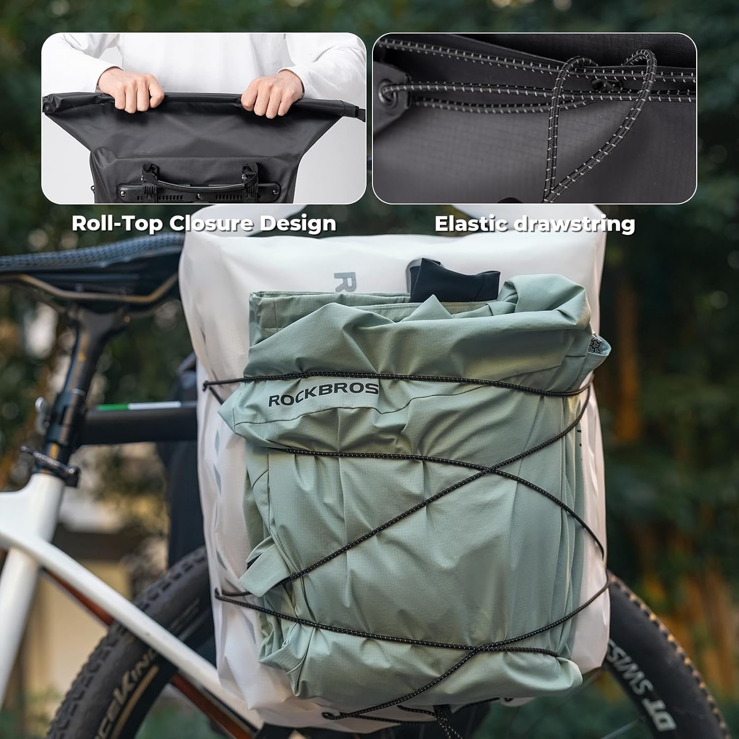 image:imageROCKBROS Bike Panniers Waterproof 23L Bike Rack Bag Adjustable Quick Release Buckles Panniers Bike Bags with Vacuum Compression for Cycling Traveling CommutingWhite