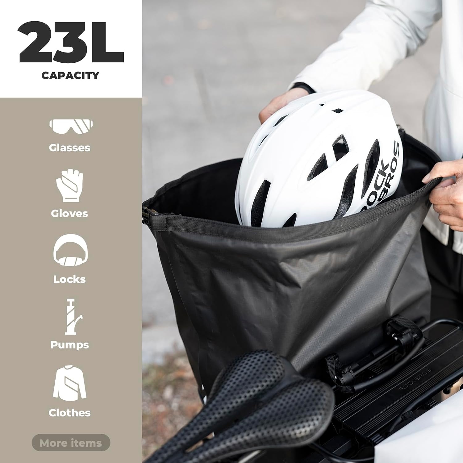image:imageROCKBROS Bike Panniers Waterproof 23L Bike Rack Bag Adjustable Quick Release Buckles Panniers Bike Bags with Vacuum Compression for Cycling Traveling CommutingWhite