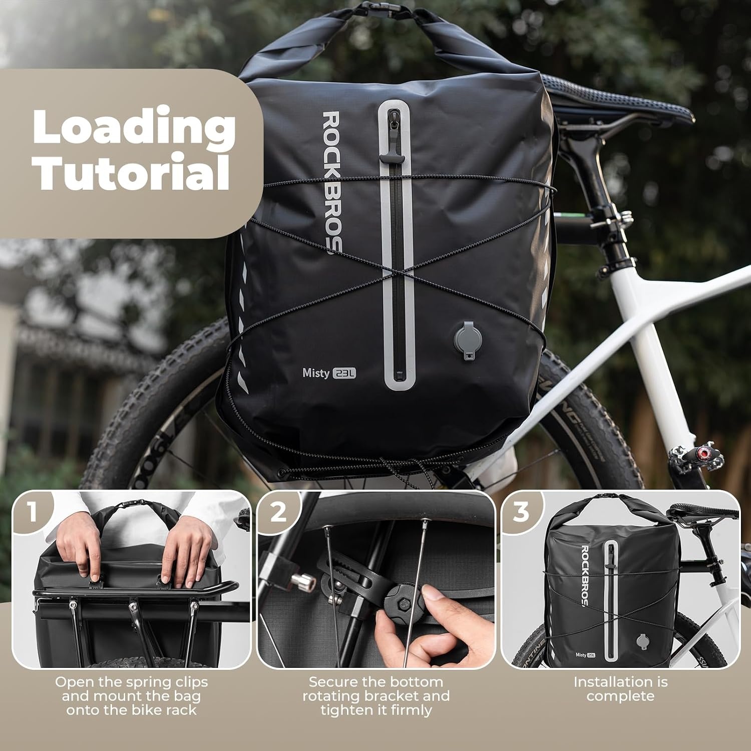 image:imageROCKBROS Bike Panniers Waterproof 23L Bike Rack Bag Adjustable Quick Release Buckles Panniers Bike Bags with Vacuum Compression for Cycling Traveling CommutingBlack