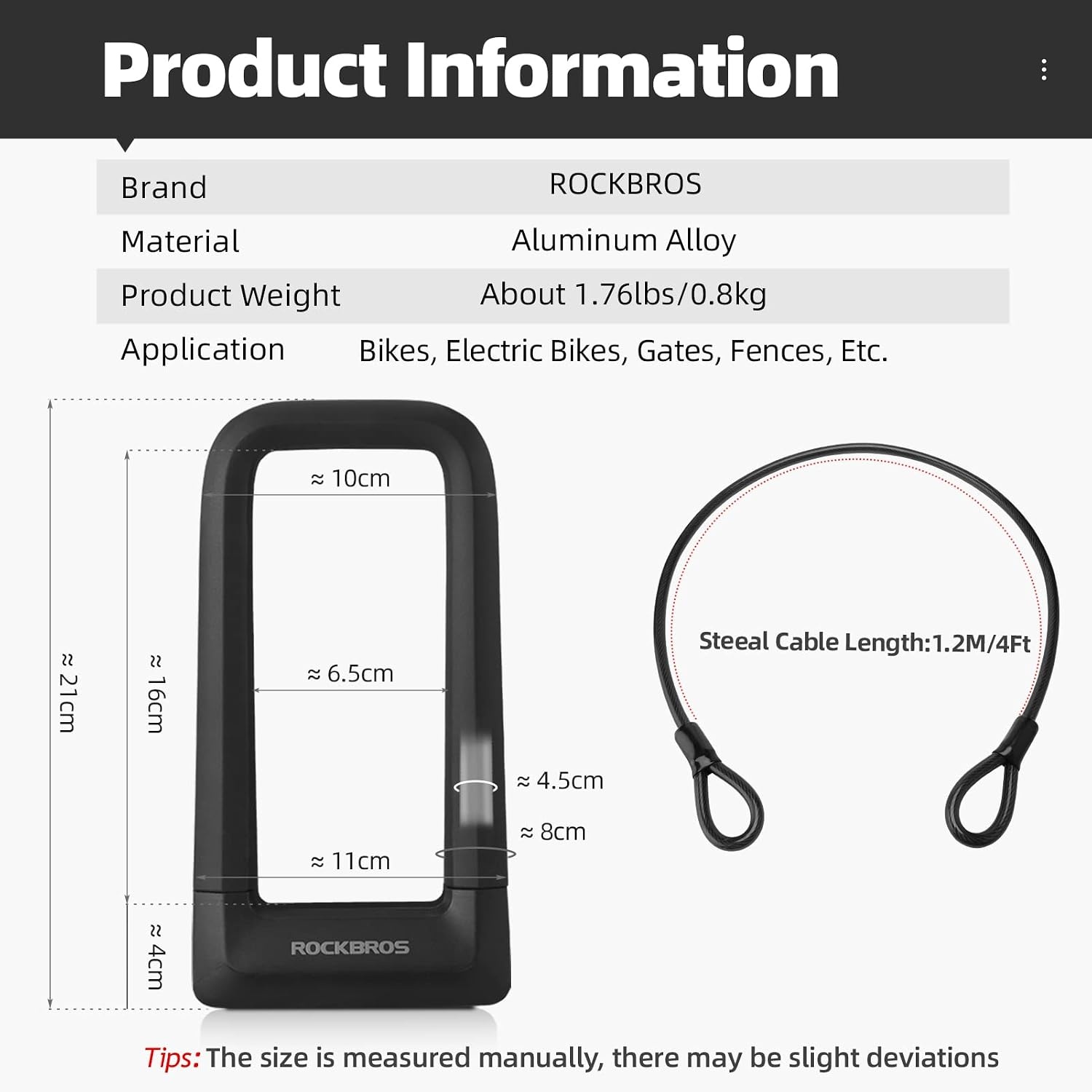 image:imageROCKBROS Bike U Lock Heavy Duty Anti Theft with Cable Silicone Cover Max 225MM Bike U LockKeysMounting BracketU Lock