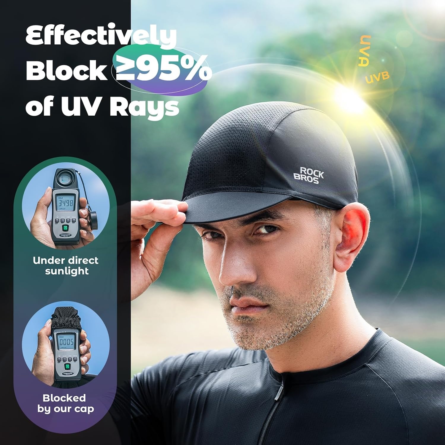 image:imageROCKBROS Cycling Cap Cooling Skull Cap Helmet Liner with Sun Visor Sun Protection Running Bike Hat for Men WomenBlack