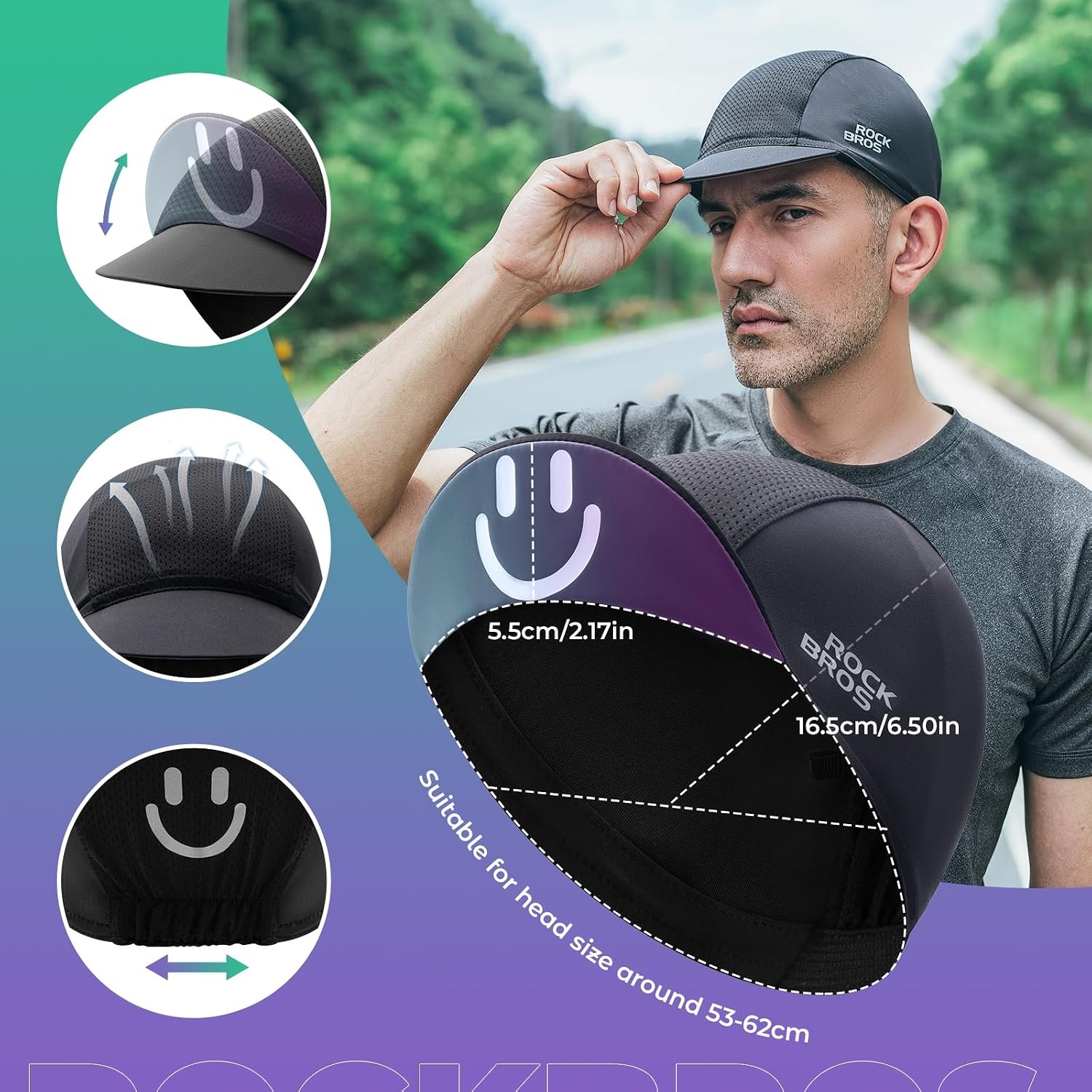 image:imageROCKBROS Cycling Cap Cooling Skull Cap Helmet Liner with Sun Visor Sun Protection Running Bike Hat for Men WomenBlack