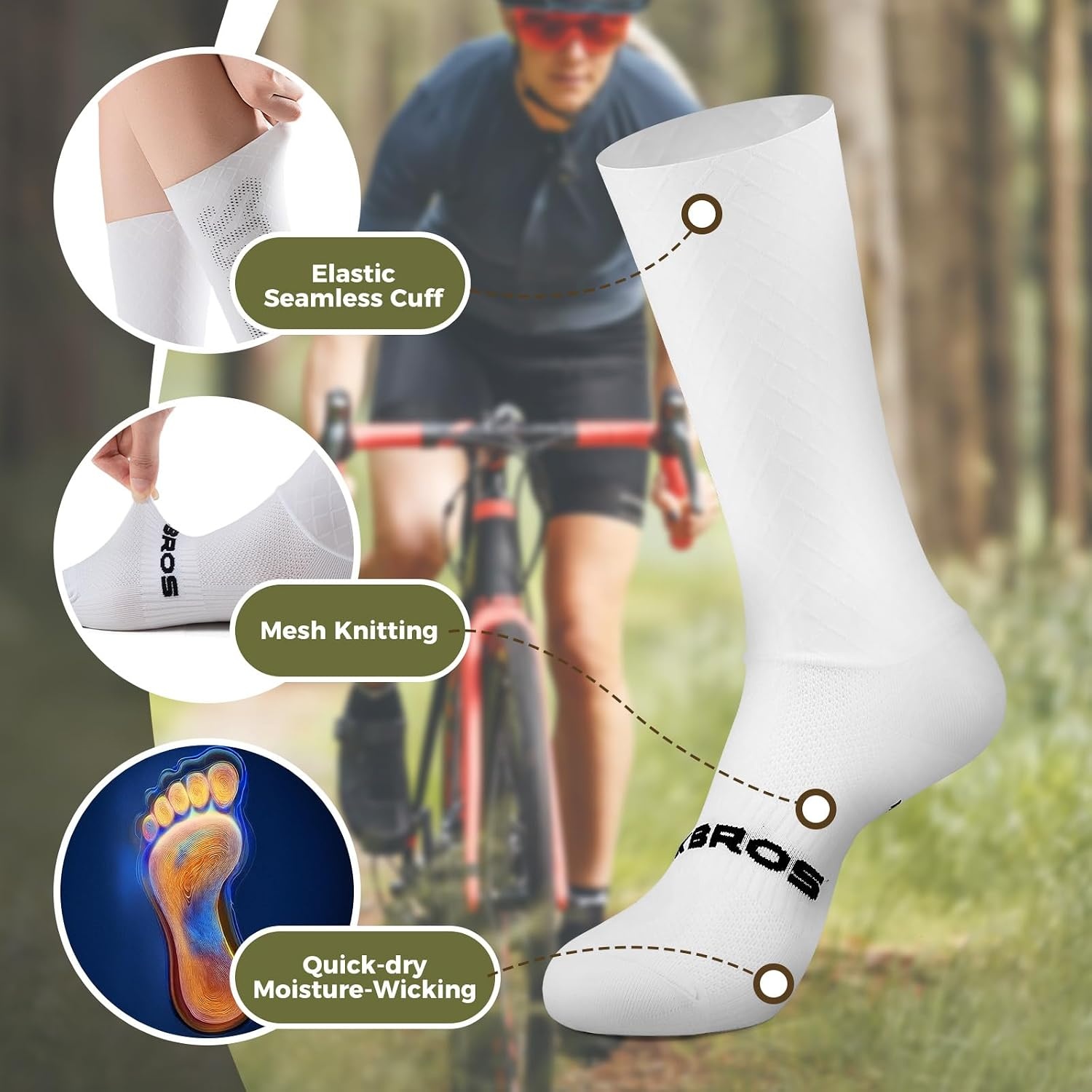 image:imageROCKBROS Cycling Compression SocksCrew LengthNonSlipBreathableampWickingRoadBike Sports and Running for Men Women3PacksWhite Stripes3 Pairs