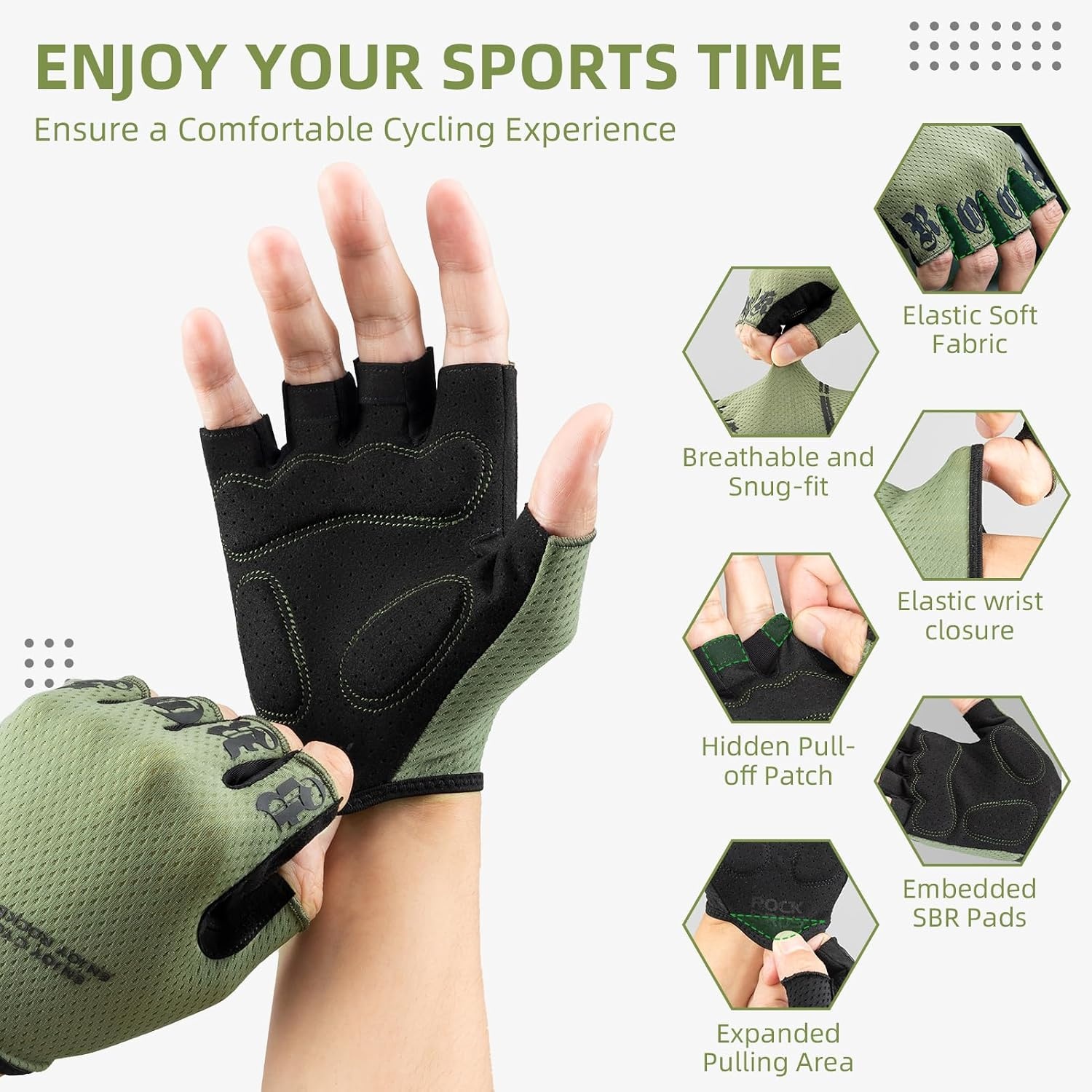 image:imageROCKBROS Cycling Gloves for Men Women Half Finger Breathable Bike Gloves ShockAbsorbing Padded Gloves for Cycling Workout Outdoor SportsBlack Green