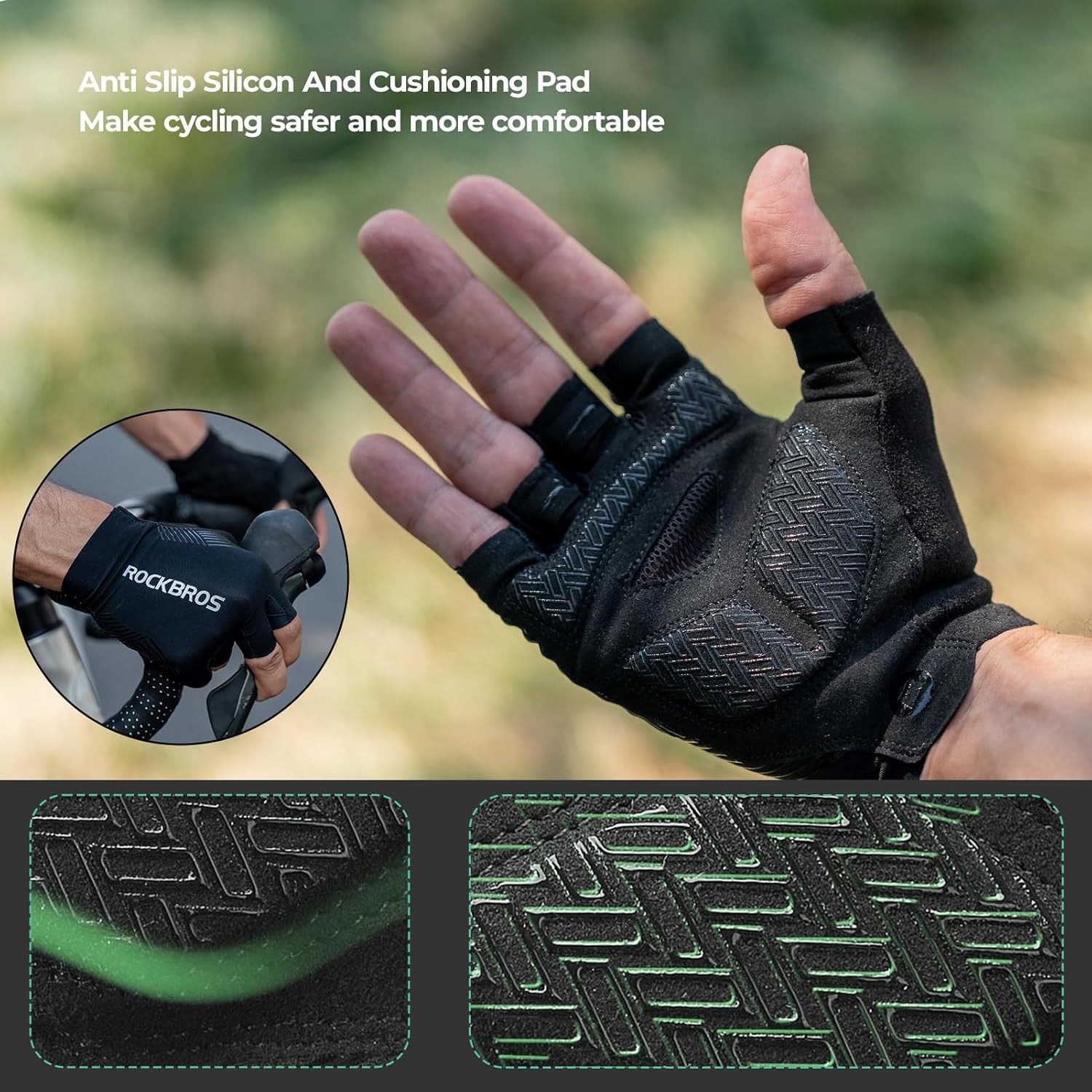 image:imageROCKBROS Cycling Gloves for Men Women Bike Gloves Half Finger with ShockAbsorbing Pad Breathable Mountain Road Biking Motorcycle Gym GlovesBlack Green