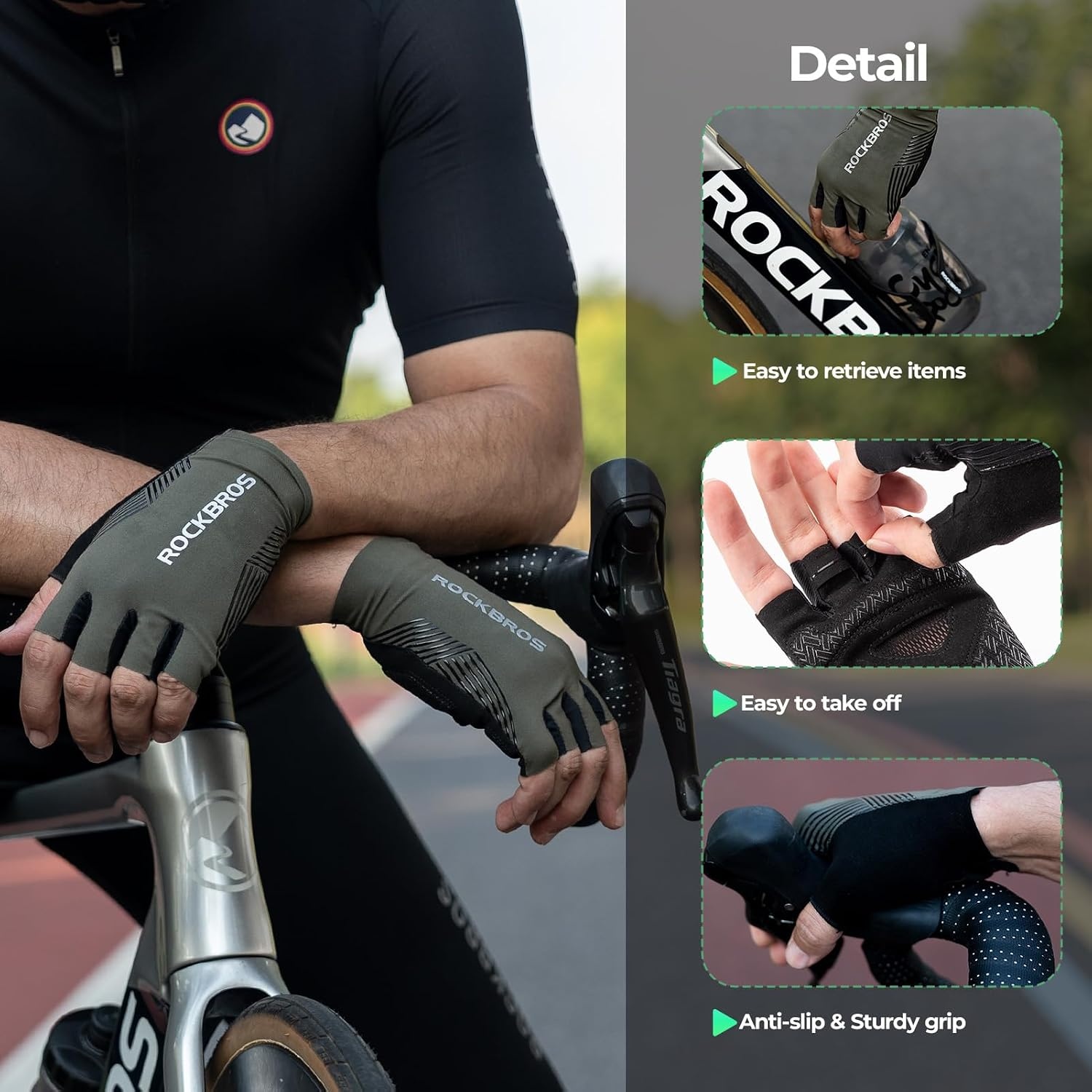 image:imageROCKBROS Cycling Gloves for Men Women Bike Gloves Half Finger with ShockAbsorbing Pad Breathable Mountain Road Biking Motorcycle Gym GlovesBlack Green