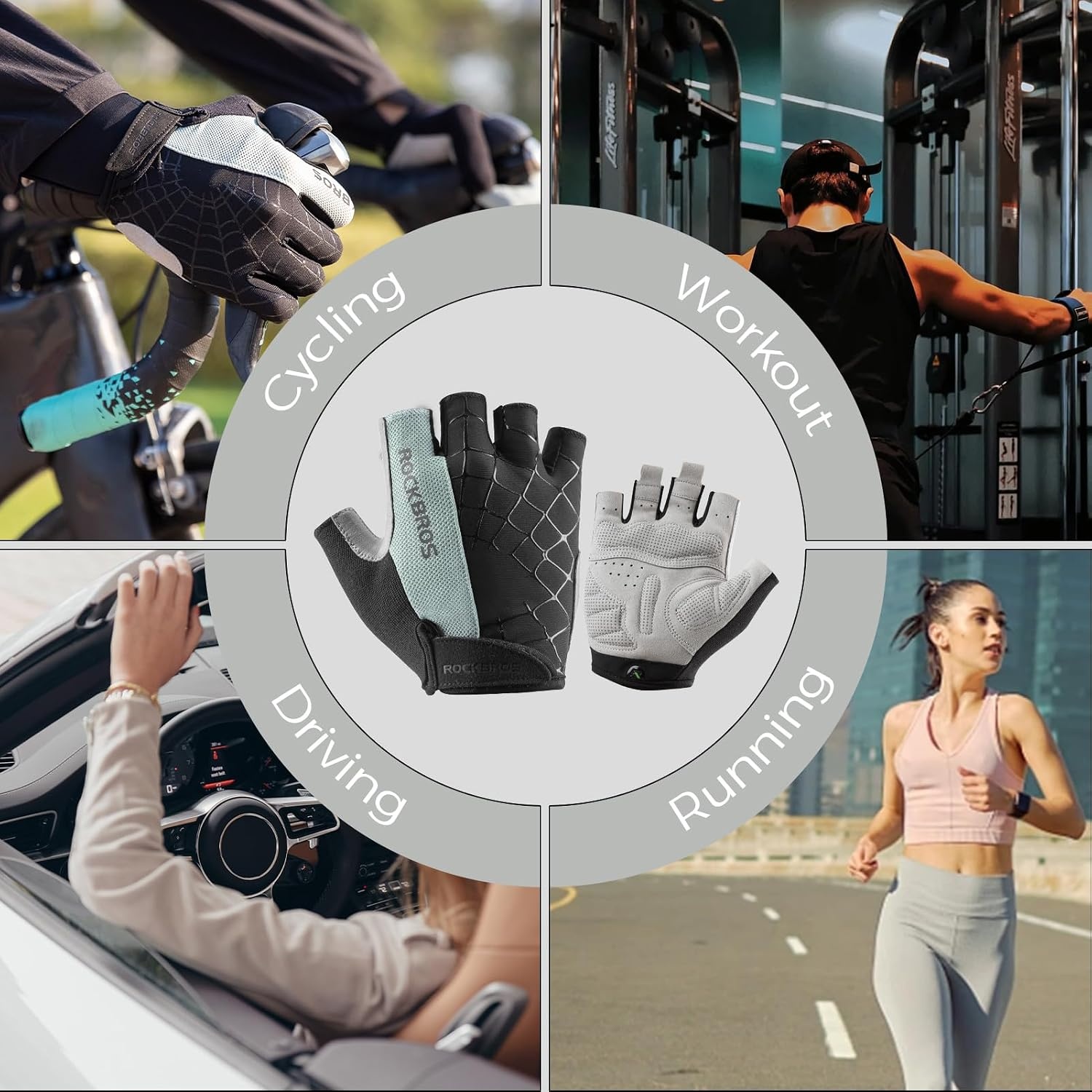 image:imageROCKBROS Cycling Gloves for Men Women Mountain Bike Gloves SBR Pad AntiSlip Road Riding Bicycle Biking Gloves for Cycling Motorcycle GymGray