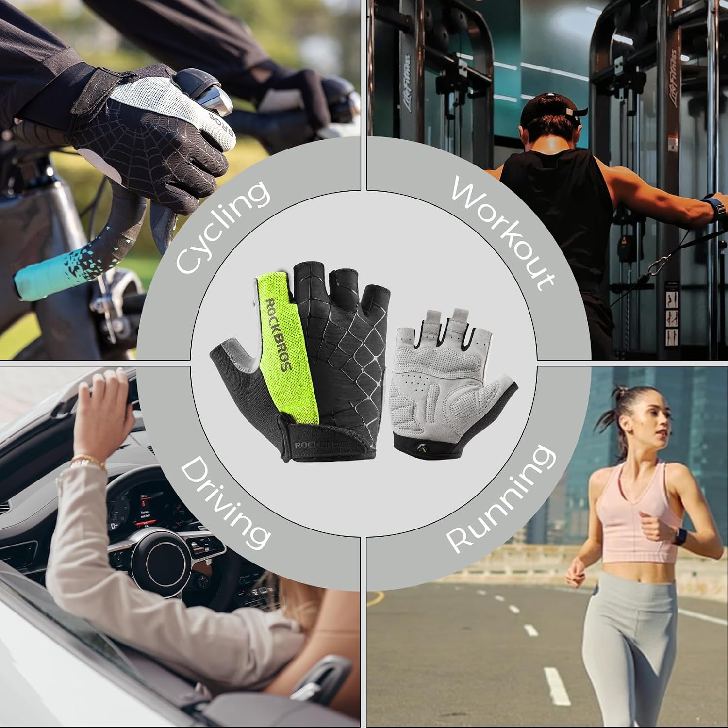 image:imageROCKBROS Cycling Gloves for Men Women Mountain Bike Gloves SBR Pad AntiSlip Road Riding Bicycle Biking Gloves for Cycling Motorcycle GymGreen