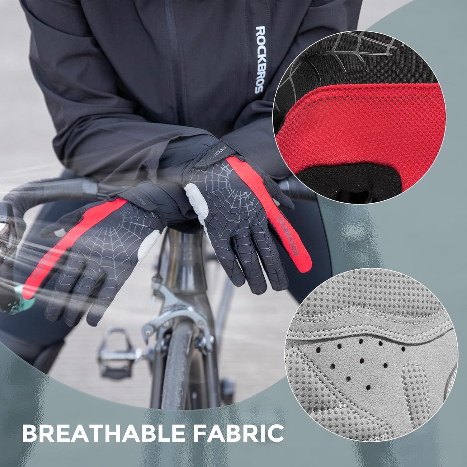 image:imageROCKBROS Cycling Gloves for Men Women Mountain Bike Gloves SBR Pad AntiSlip Road Riding Bicycle Biking Gloves for Cycling Motorcycle GymRed Black
