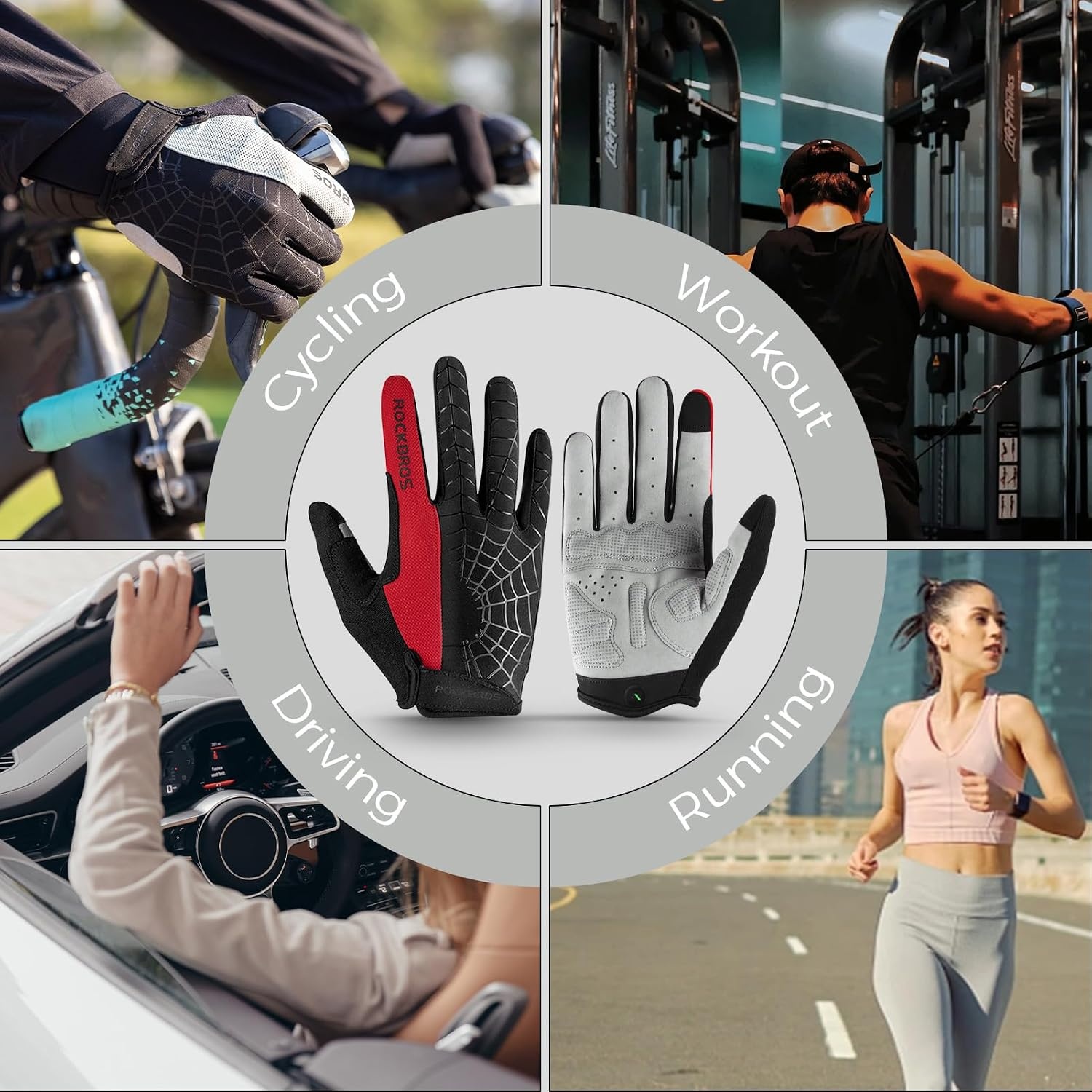 image:imageROCKBROS Cycling Gloves for Men Women Mountain Bike Gloves SBR Pad AntiSlip Road Riding Bicycle Biking Gloves for Cycling Motorcycle GymRed Black