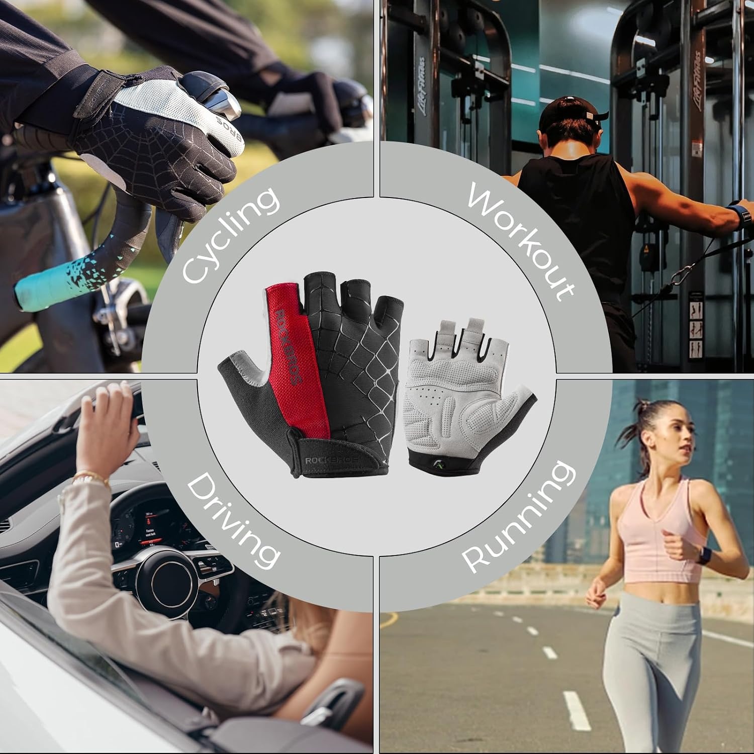 image:imageROCKBROS Cycling Gloves for Men Women Mountain Bike Gloves SBR Pad AntiSlip Road Riding Bicycle Biking Gloves for Cycling Motorcycle GymRed Black