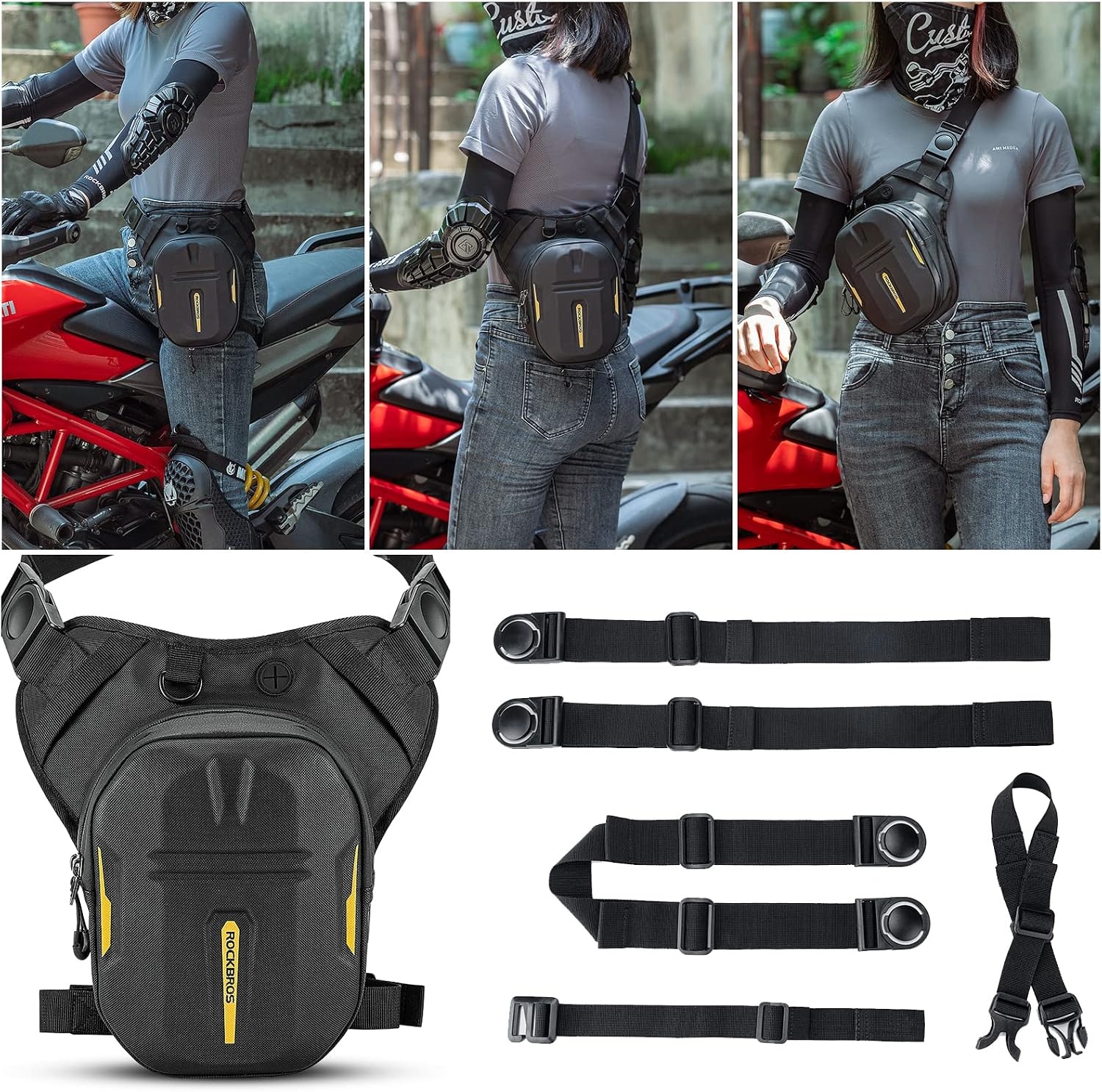 image:imageROCKBROS Drop Leg Bag 3 IN 1 Motorcycle Waist Pack Thigh Bag Magnetic Motorcycle Tank Bag Mutifunctions Leg Pouch for Men Women Cycling Hiking Running Camping Travel 10L Black