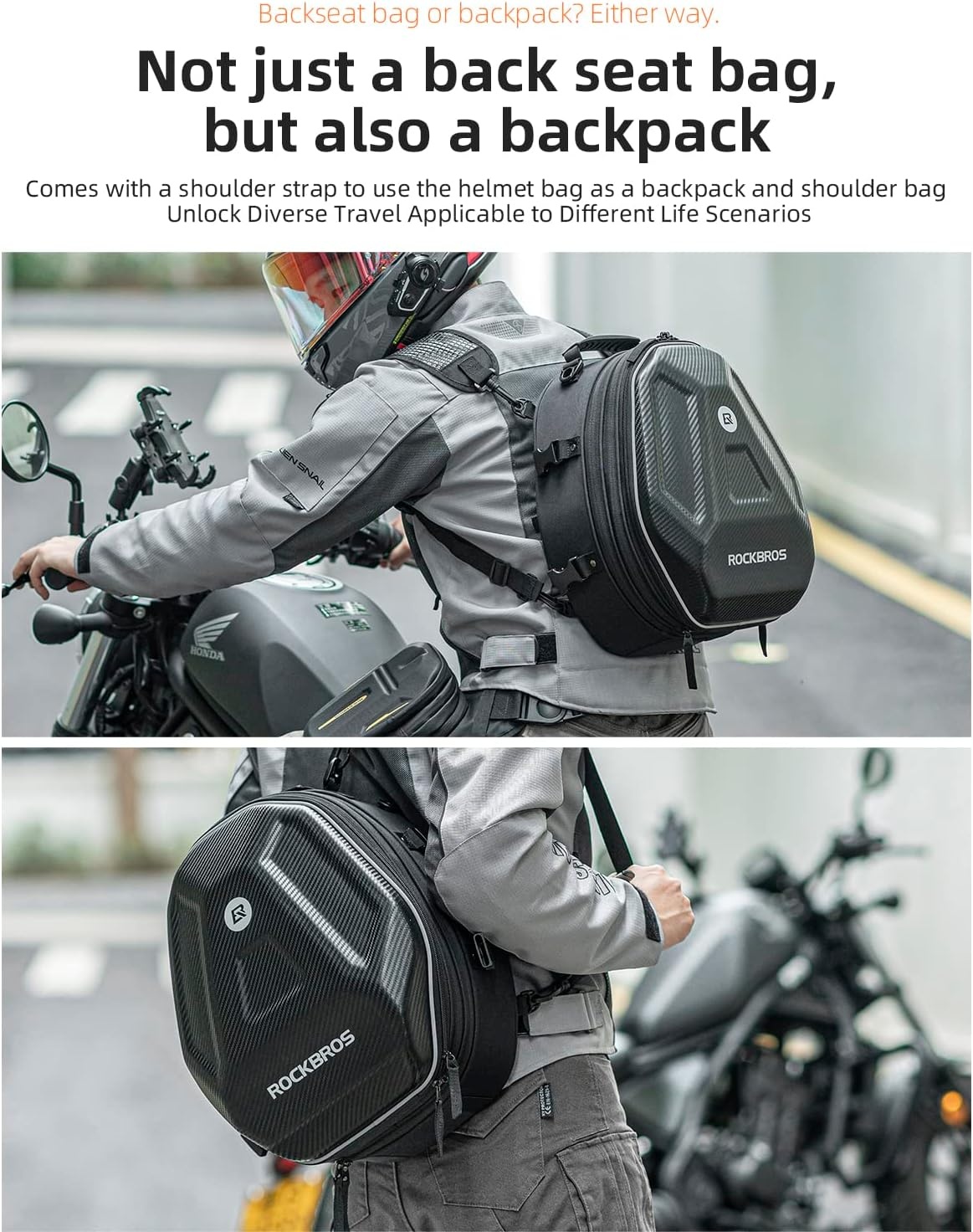 image:imageROCKBROS EVA Hard Shell Motorcycle Tail Bag Waterproof Motorcycle Seat Bag Expandable Helmet Bag 35L Luggage Bag