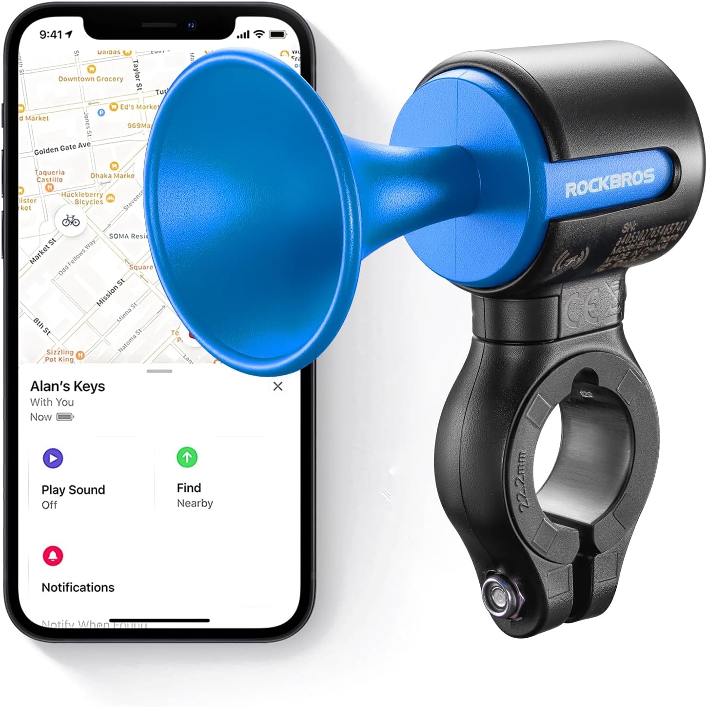image:imageROCKBROS Electric Bike Horn Findmy Anti Loss Device 120dB Bike Horn AlarmIPX5 Waterproof Bicycle Horns for MountainRoadFoldingElectric Bikesblue