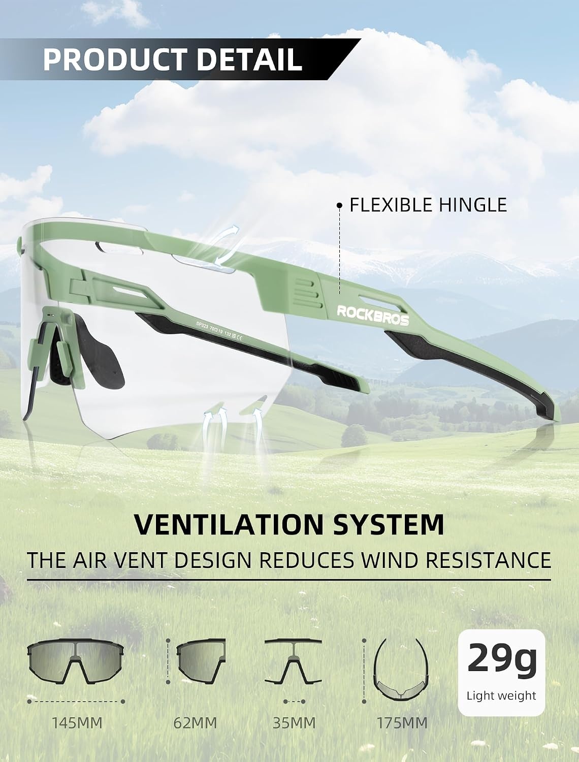 image:imageROCKBROS Photochromic Cycling Glasses Antifog Photochromic Sunglasses UV Protection Mountain Bike GlassesGreen