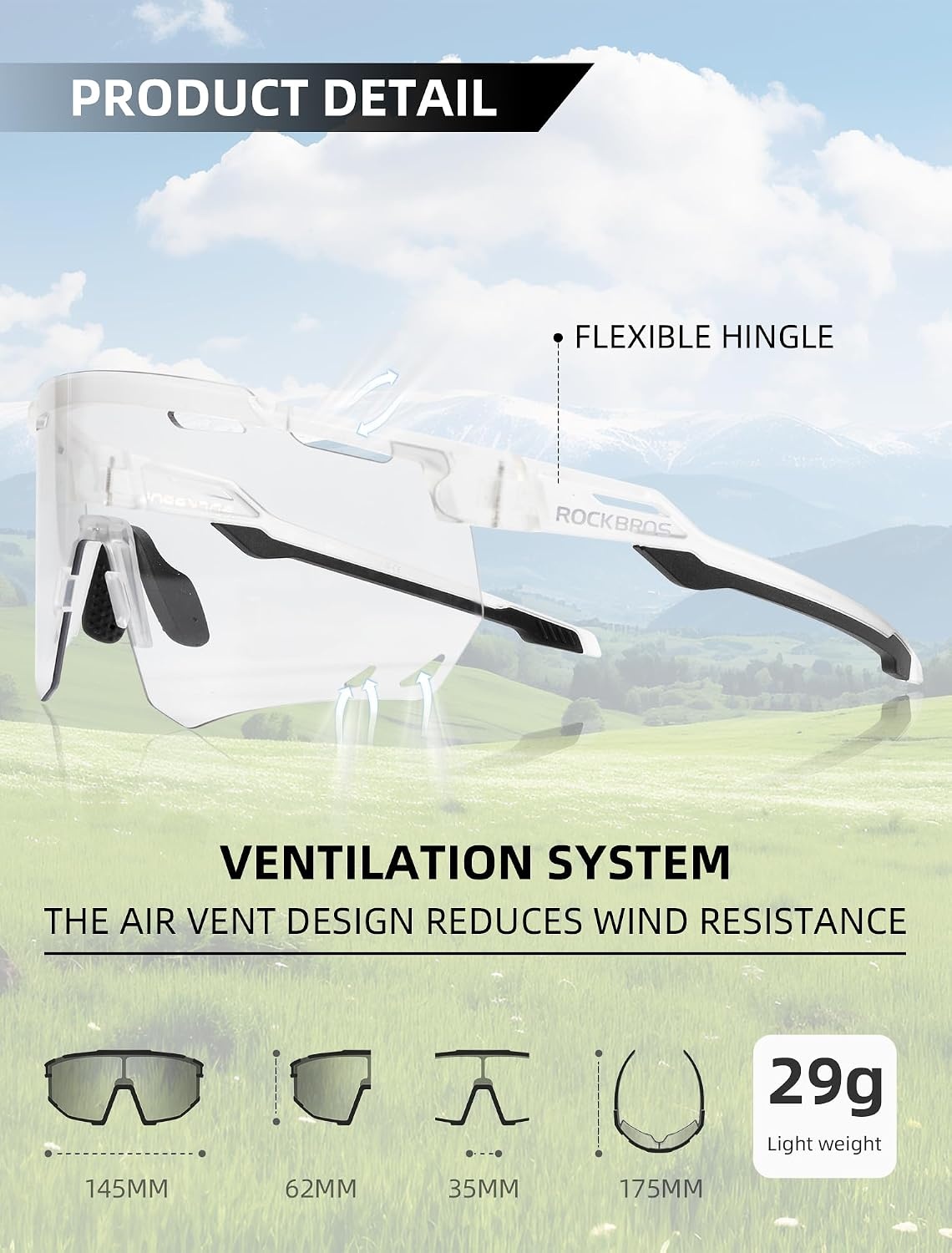 image:imageROCKBROS Photochromic Cycling Glasses Antifog Photochromic Sunglasses UV Protection Mountain Bike GlassesWhite