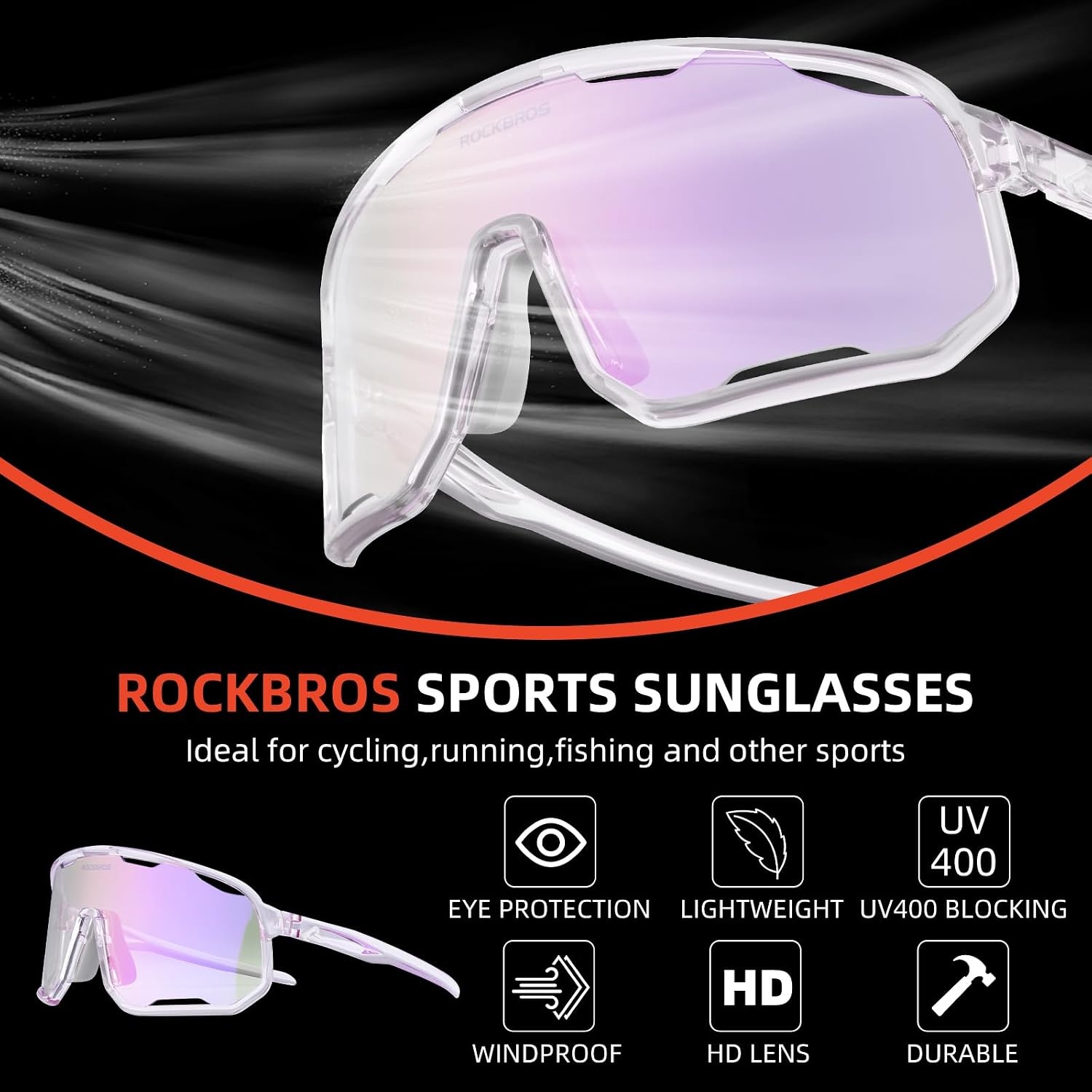 image:imageROCKBROS Photochromic Sunglasses for Men WomenUV400 Protection Cycling GlassesMTB Cycling Sports Sunglasses3 LensesPhotochromicdeep Purple