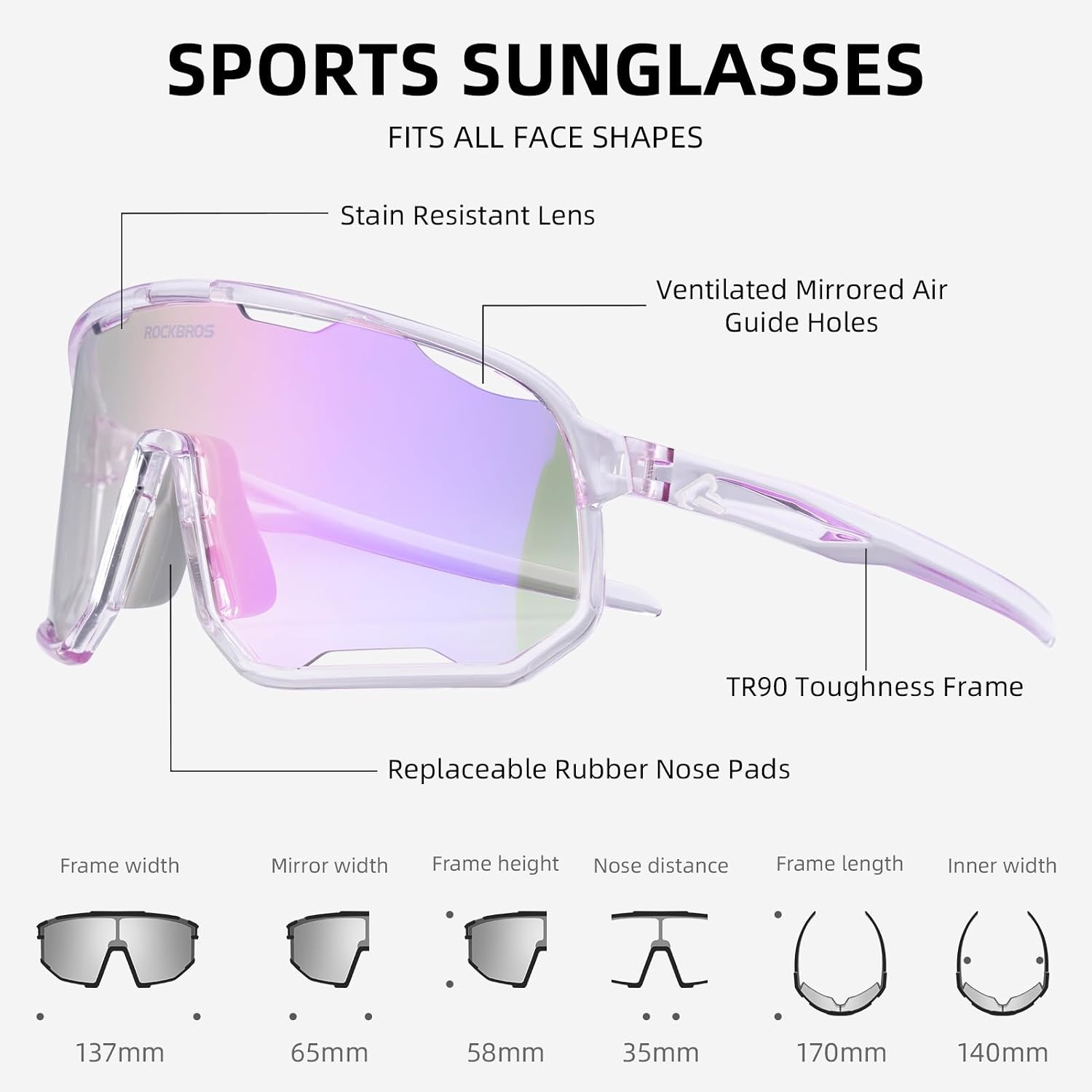 image:imageROCKBROS Photochromic Sunglasses for Men WomenUV400 Protection Cycling GlassesMTB Cycling Sports Sunglasses3 LensesPhotochromicdeep Purple